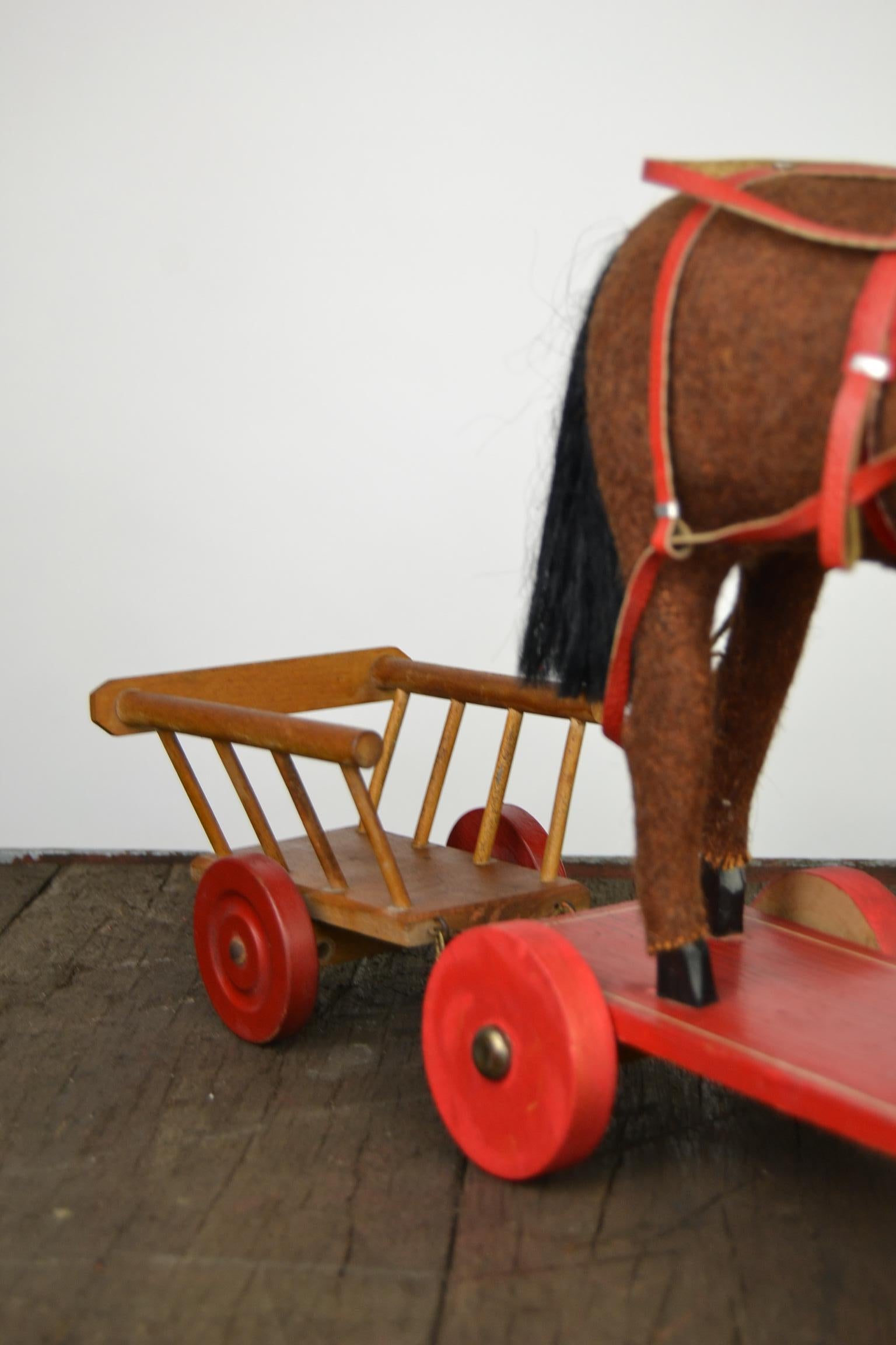Metal 1930s German Pull Toy Horse with Cart, Burlap over Wood For Sale