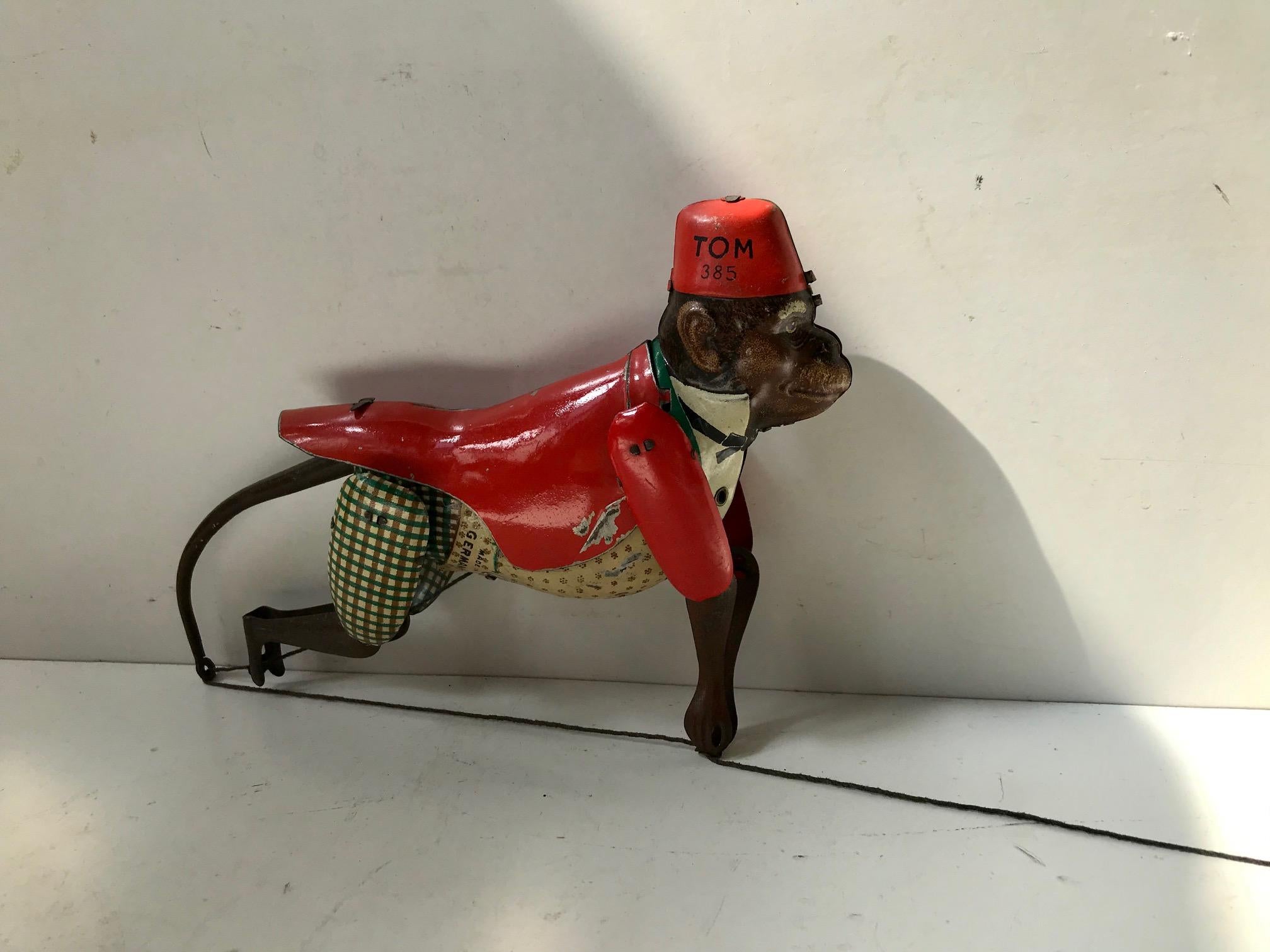 Antique German tin toy - climbing/friction monkey, 1930's.
Manufactory: Lehmann
Materials: Lithographic tin
Model: TOM 385.
Markinga: Made in Germany, Marke Patent, TOM 385.
  