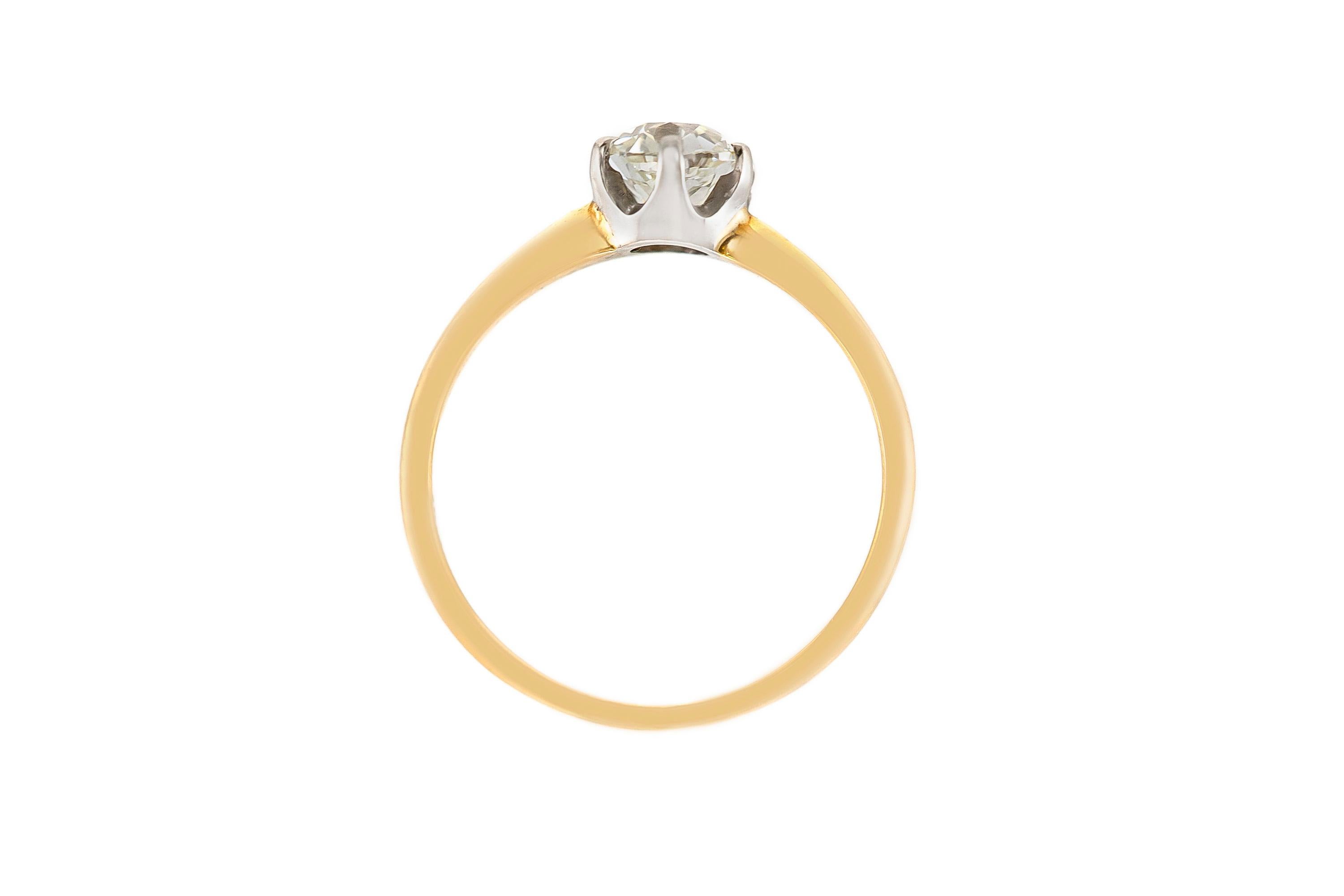 The beautiful engagement ring finely crafted in 18k yellow gold with one Gia center diamond weighing approximately total of 0.99 carat.
Color J       Clarity VS2
Circa 1930.