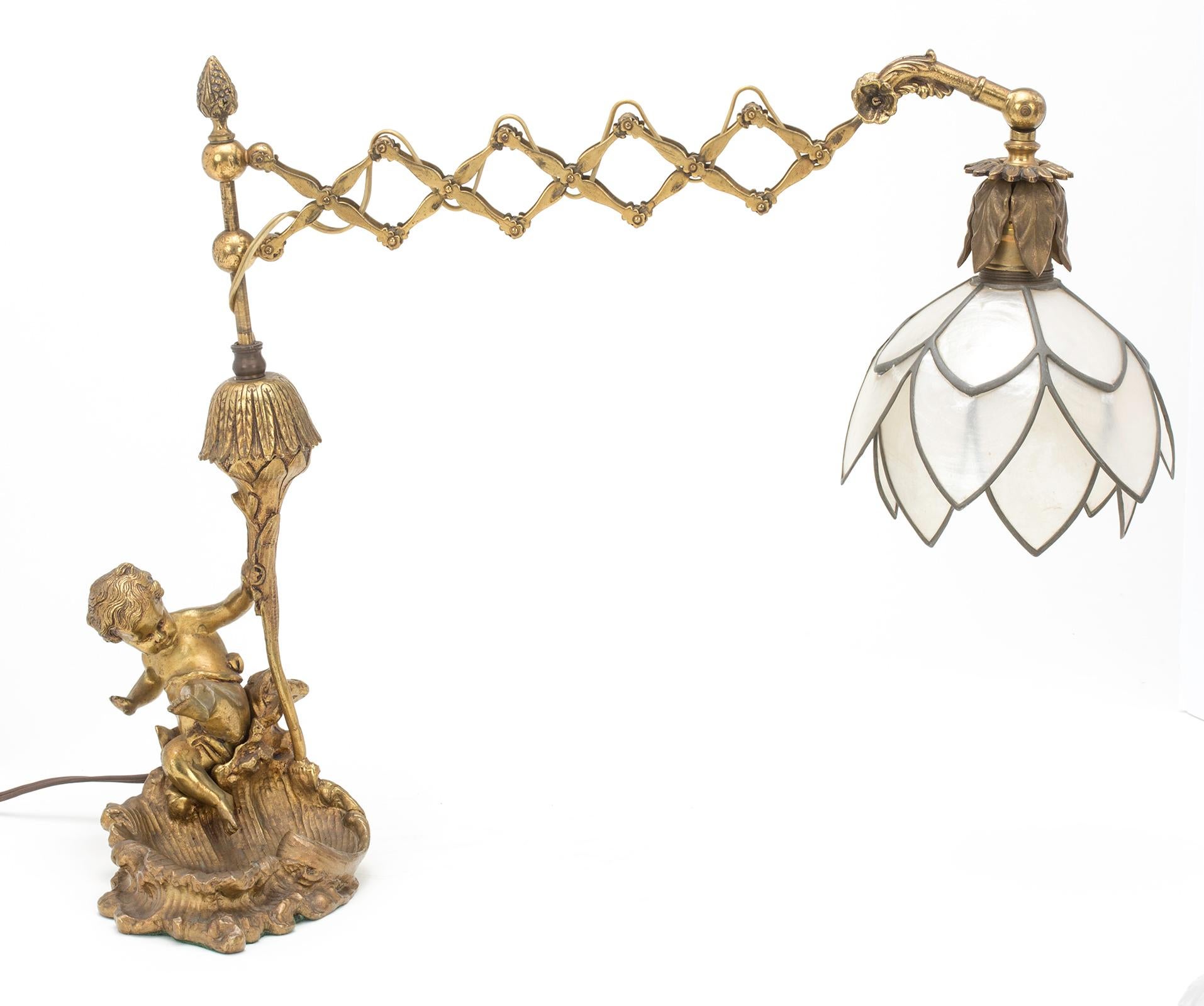 French 1930s Gilt Bronze Cherub Extending Lamp