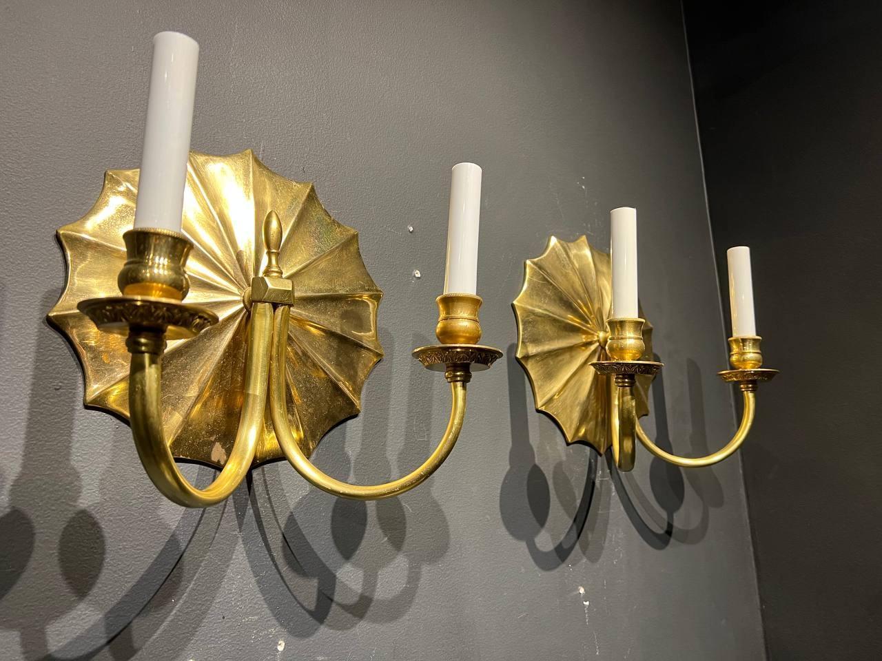 1930's Gilt Bronze Sunburst Sconces with 2 Lights - Pair  In Good Condition For Sale In New York, NY