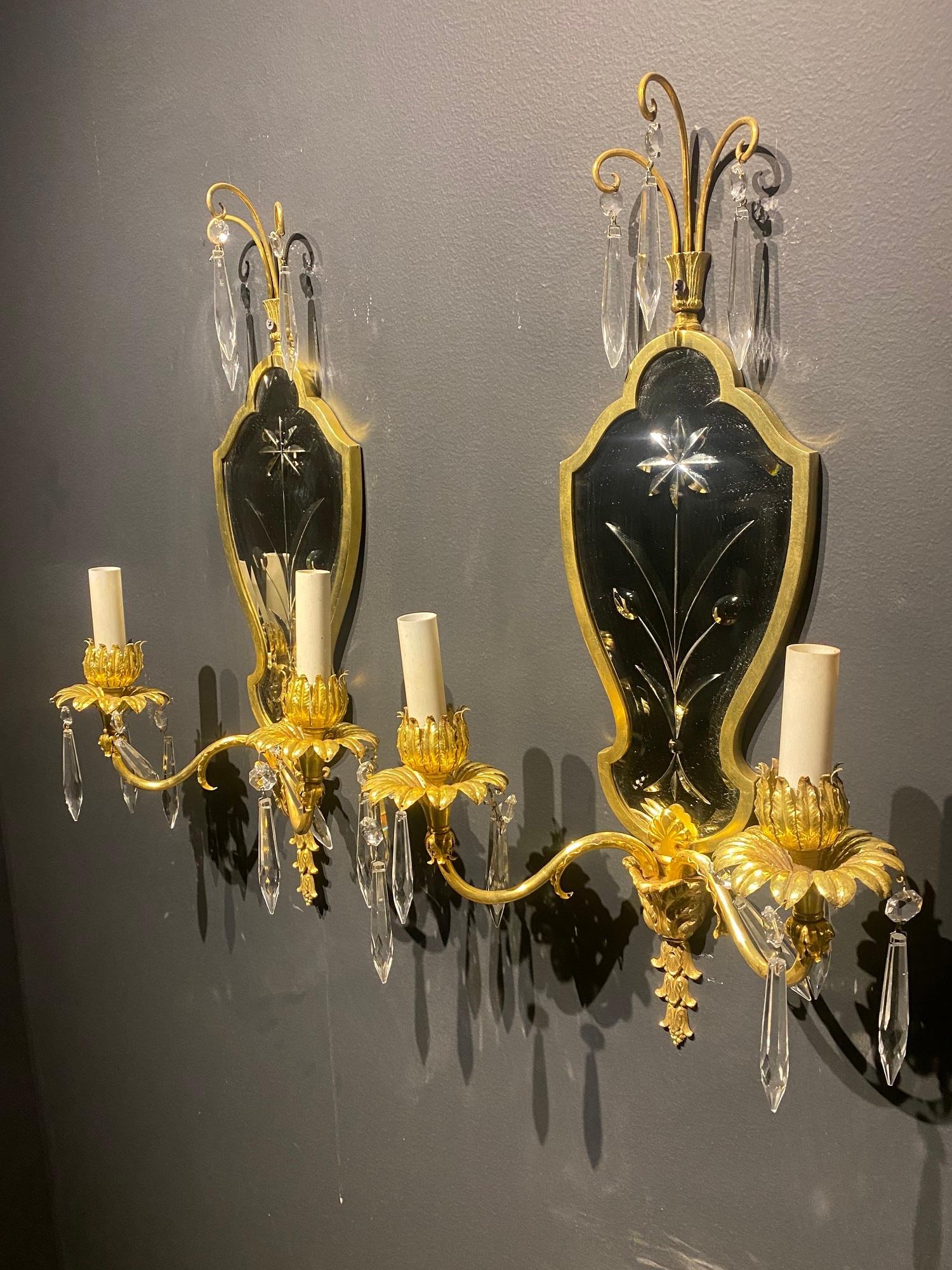 French 1930’s Gilt Bronze with Etched Mirror Sconces For Sale