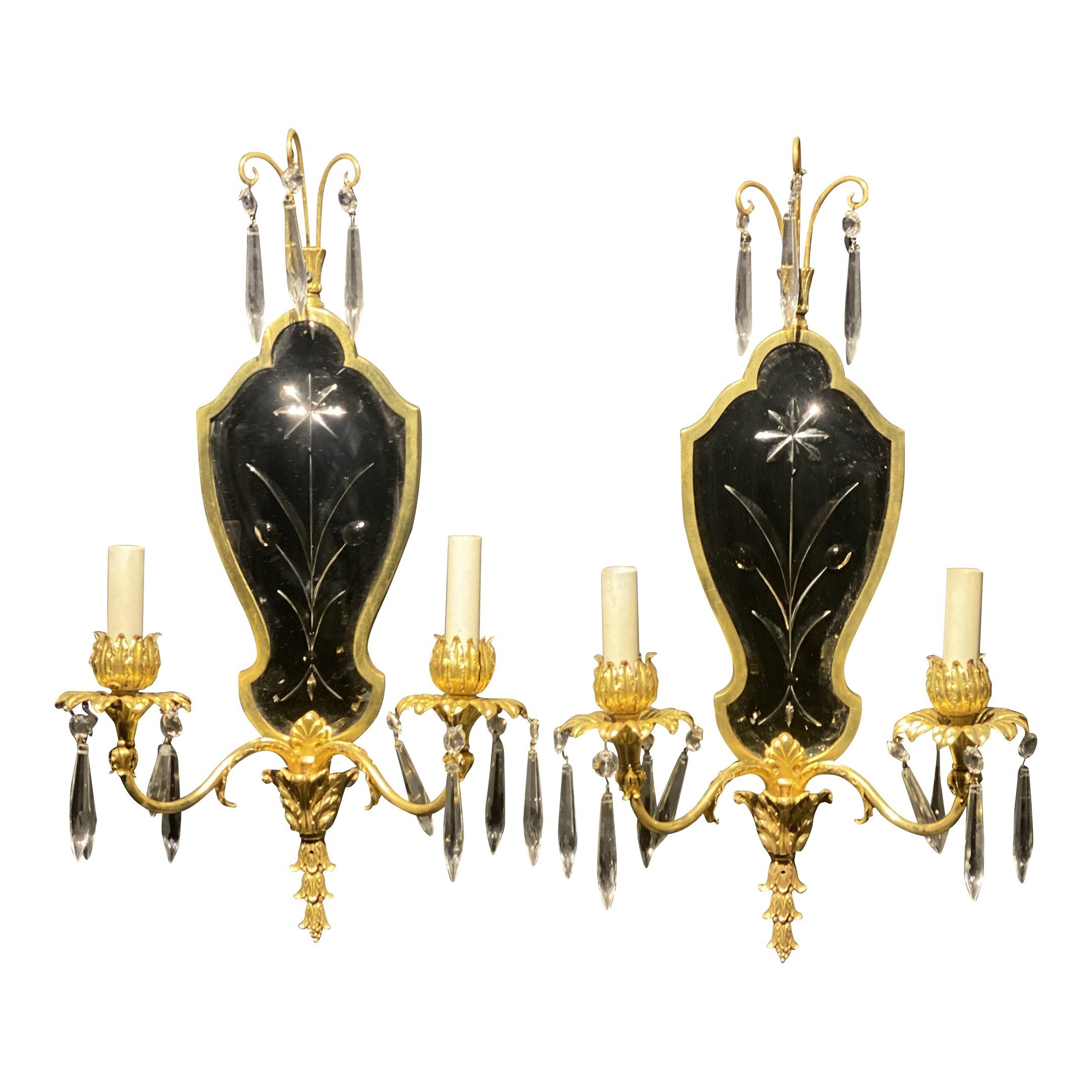 1930’s Gilt Bronze with Etched Mirror Sconces For Sale