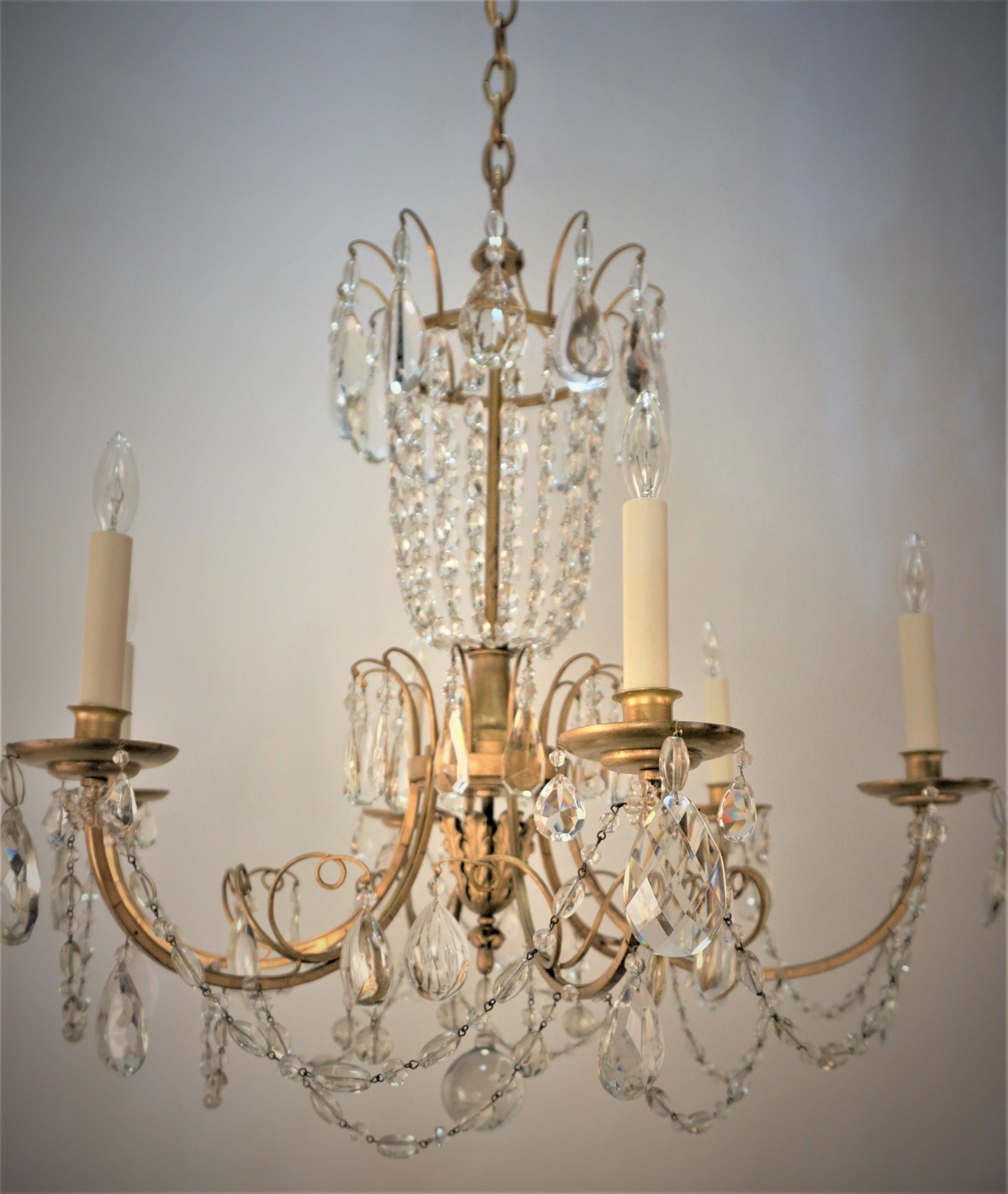1930's Gilt Iron Crystal Chandelier For Sale 7