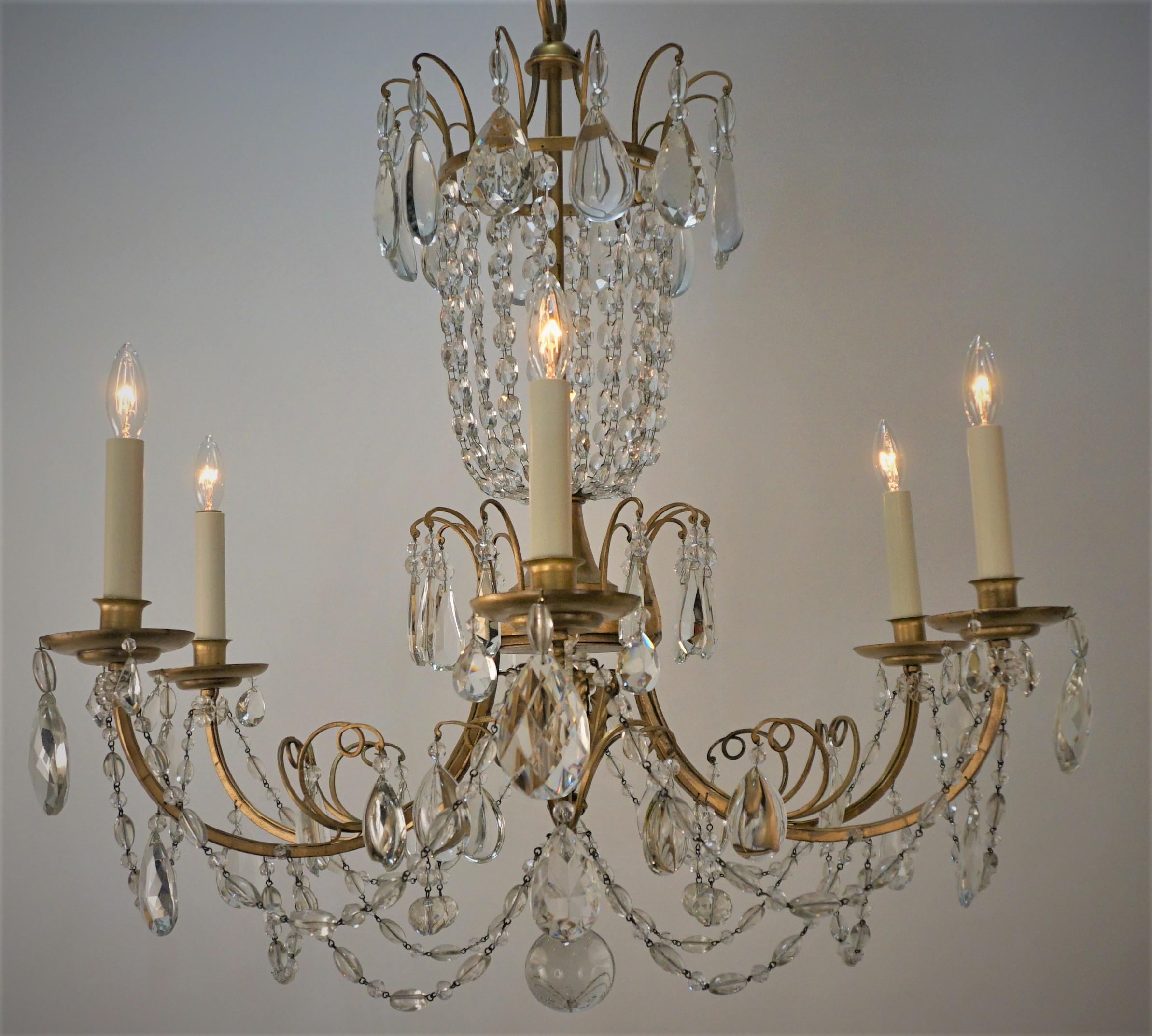 1930's Gilt Iron Crystal Chandelier In Good Condition For Sale In Fairfax, VA