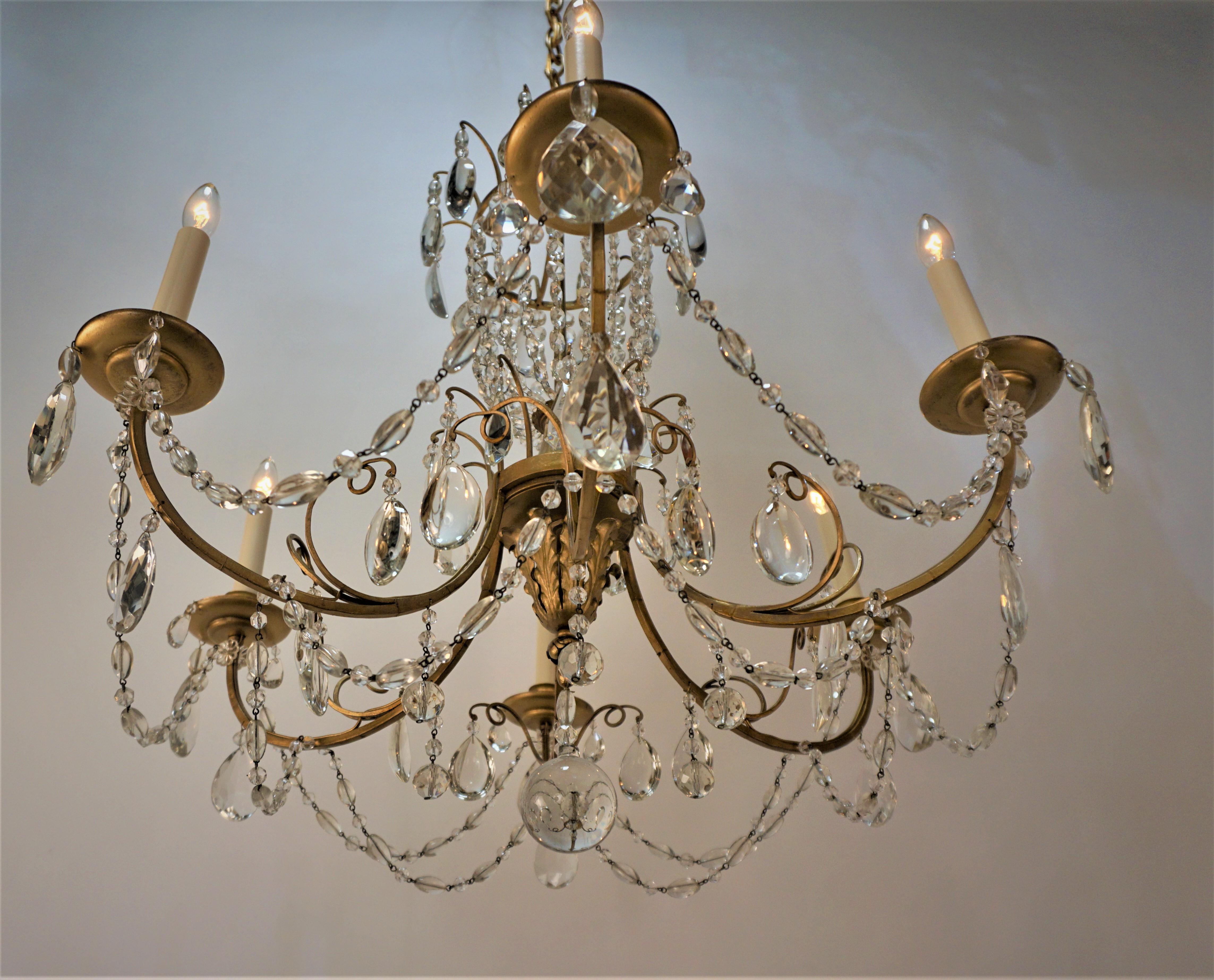 1930's Gilt Iron Crystal Chandelier For Sale 3