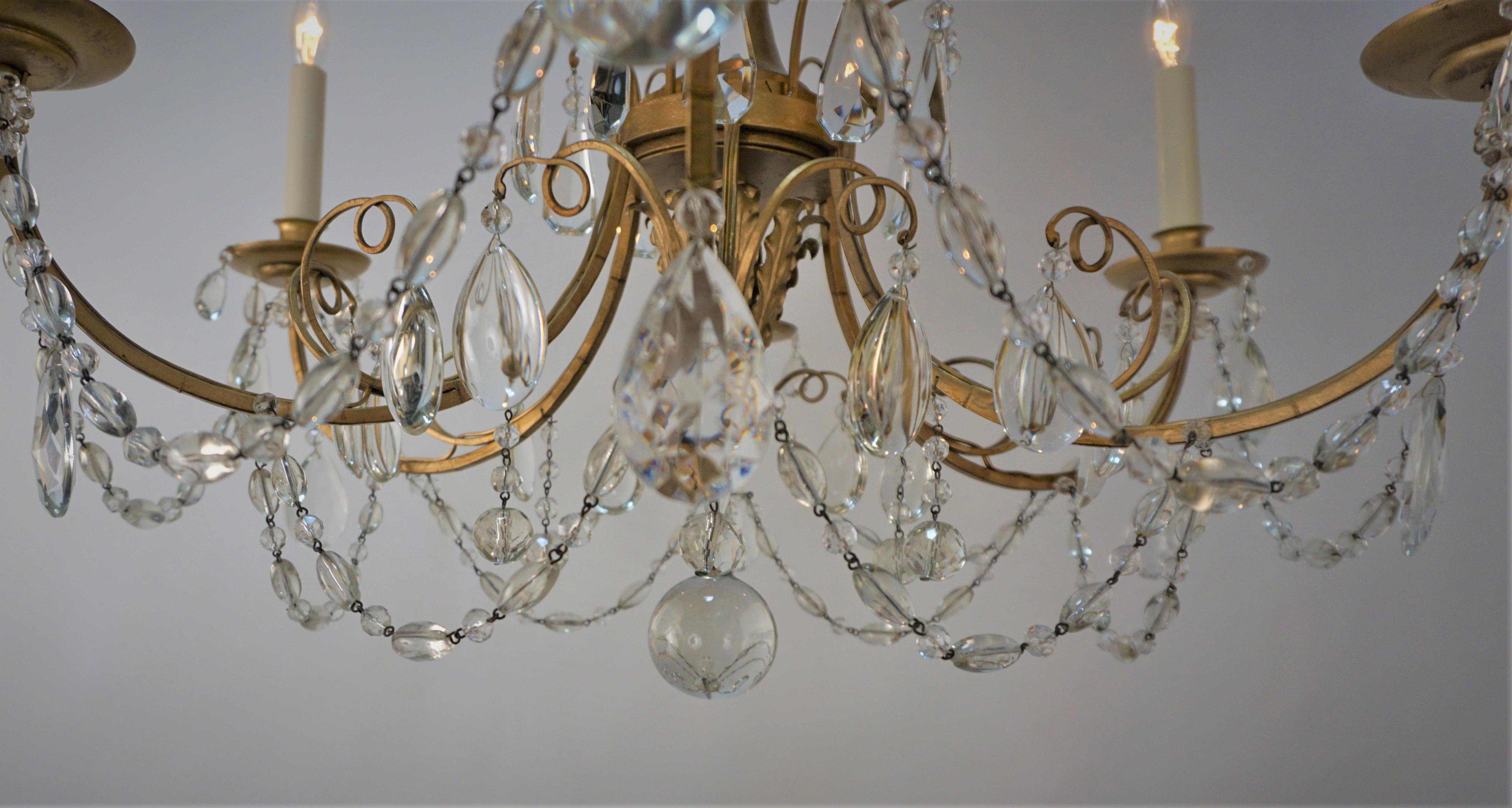 1930's Gilt Iron Crystal Chandelier For Sale 5
