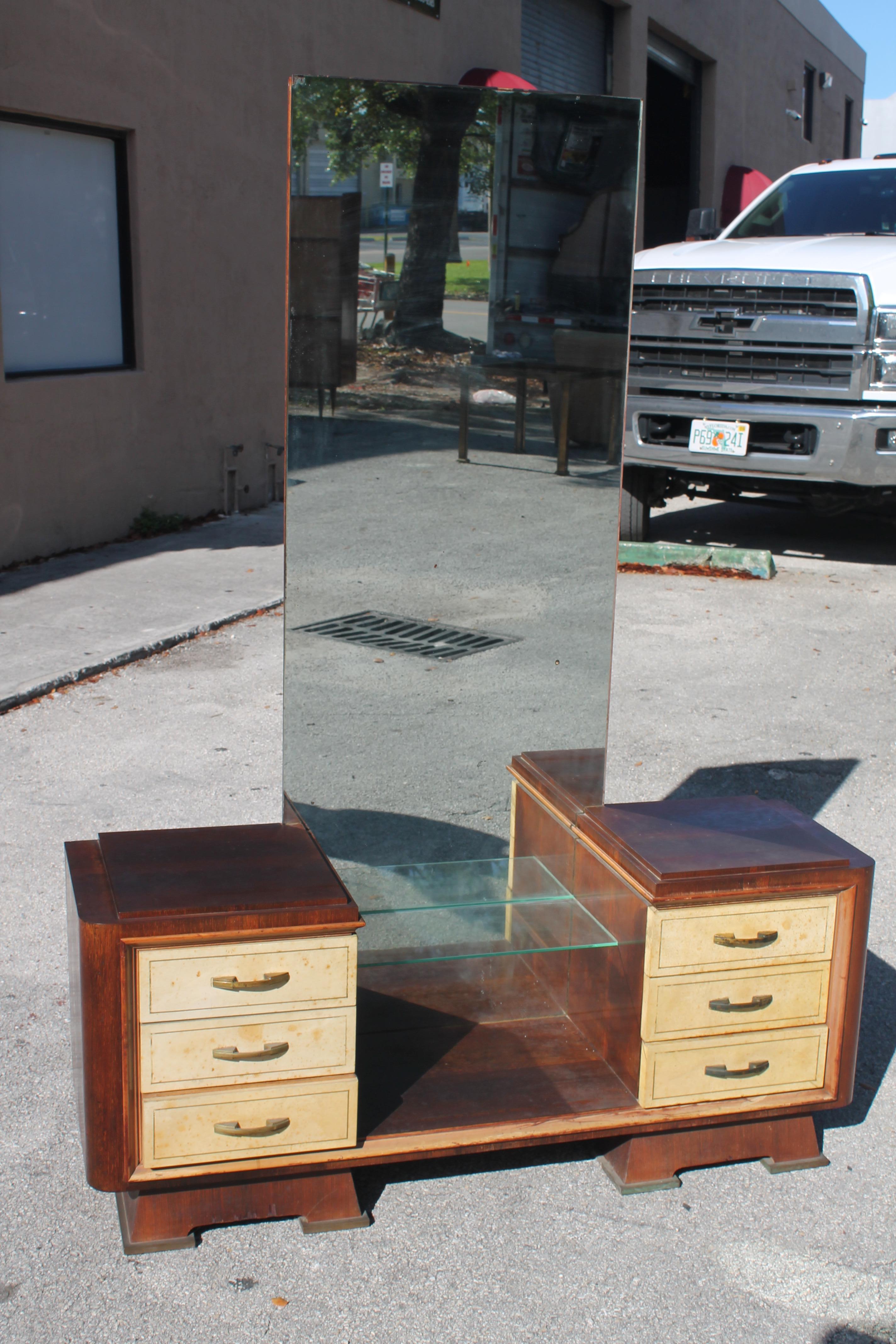 1930's French Art Deco Parchment Clad w/ Rosewood Ladies Vanity. This is a glamorous piece of furniture. Tall mirrored with 6 drawers. Parisian Estate.