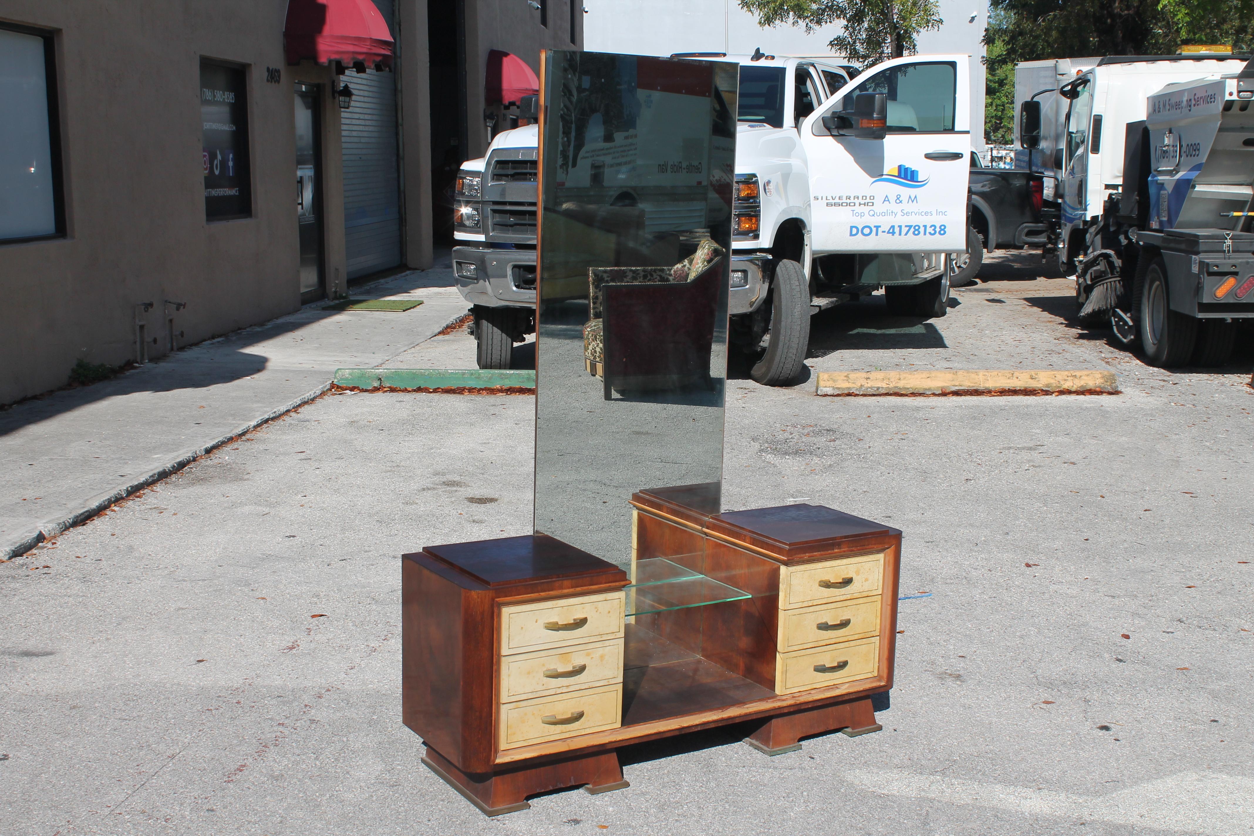 Wood 1930's Glamorous French Art Deco Period Parchment [Goatskin] Vanity- Tall Mirror For Sale