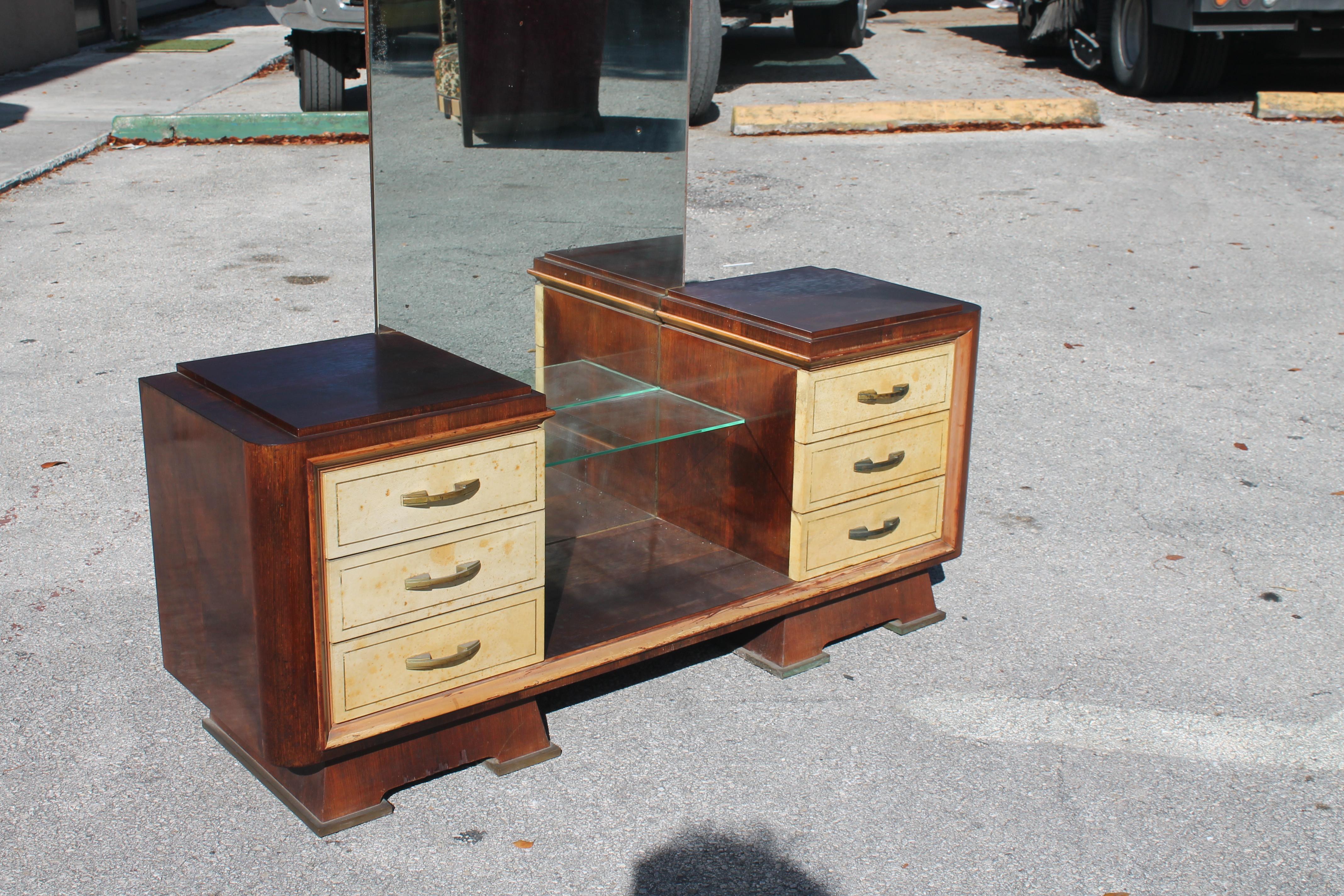 1930's Glamorous French Art Deco Period Parchment [Goatskin] Vanity- Tall Mirror For Sale 4