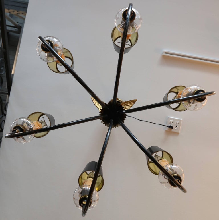 Glass and Black Metal Imperial Chandelier with Bronze Eagle Finial, 1930s In Good Condition For Sale In Los Angeles, CA