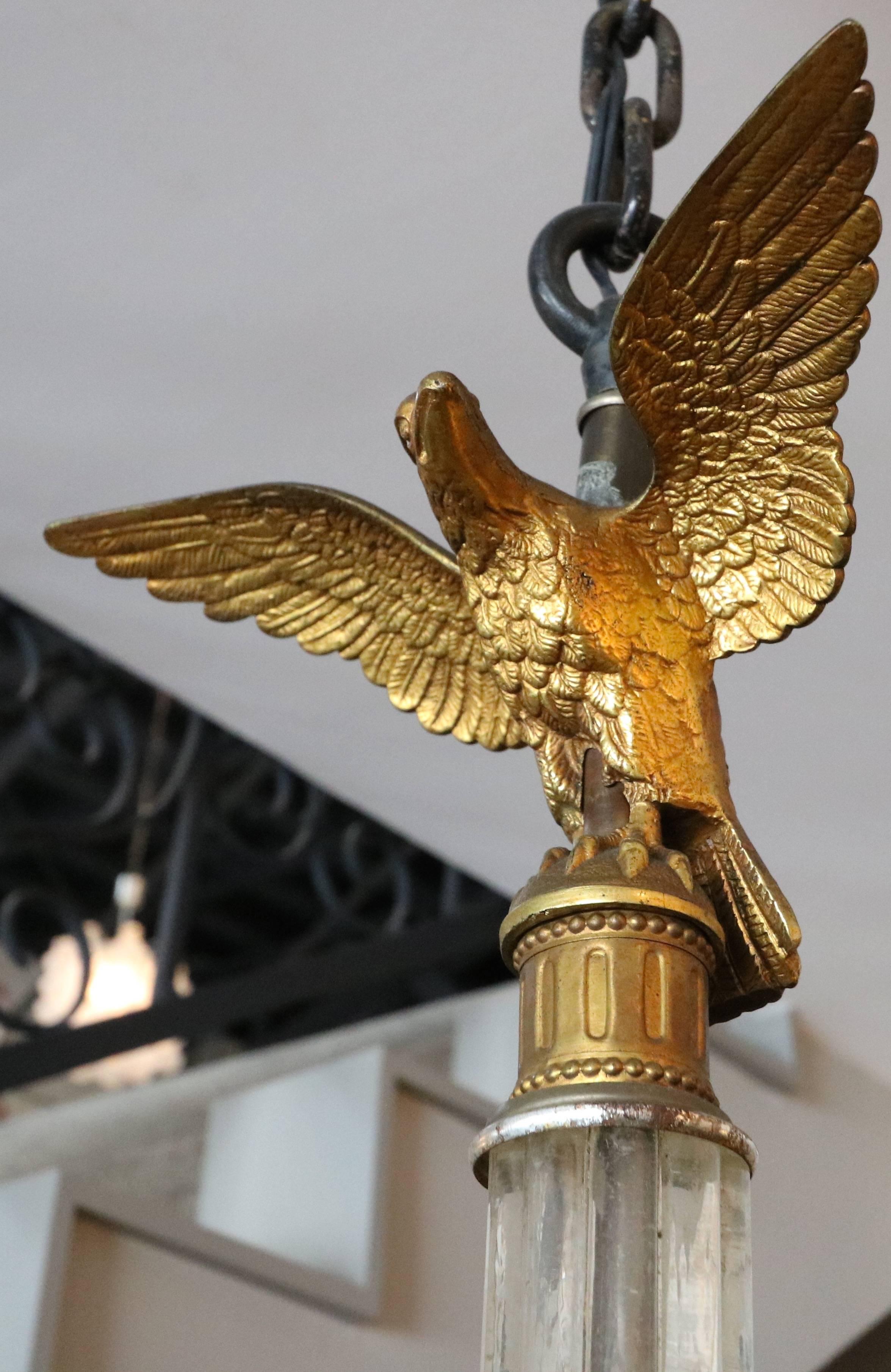American Glass and Black Metal Imperial Chandelier with Bronze Eagle Finial, 1930s For Sale