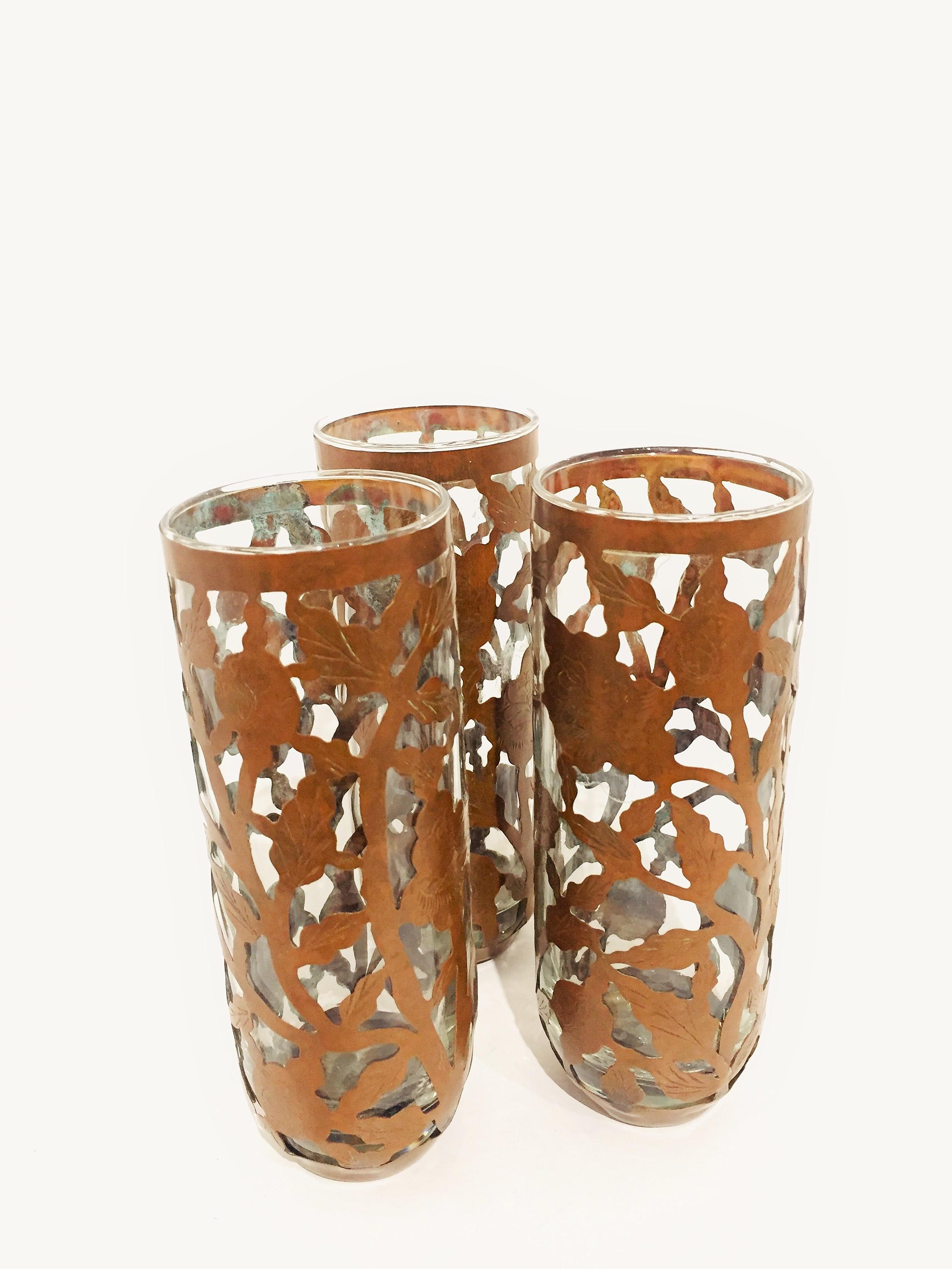 Mexican 1930s Glassware with Copper Overlay For Sale