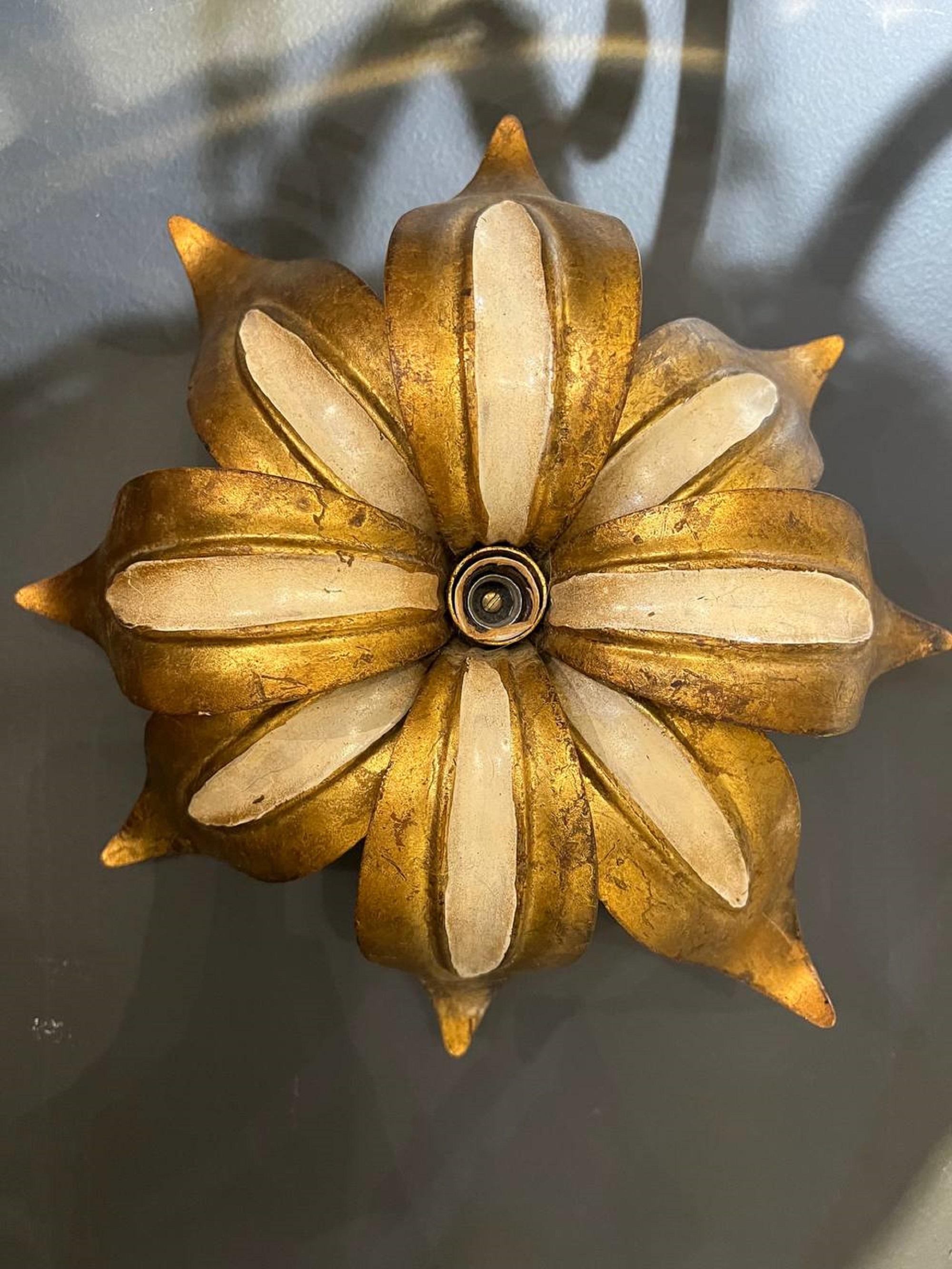 Gilt 1930's Gold and White Italian Flower Sconces For Sale