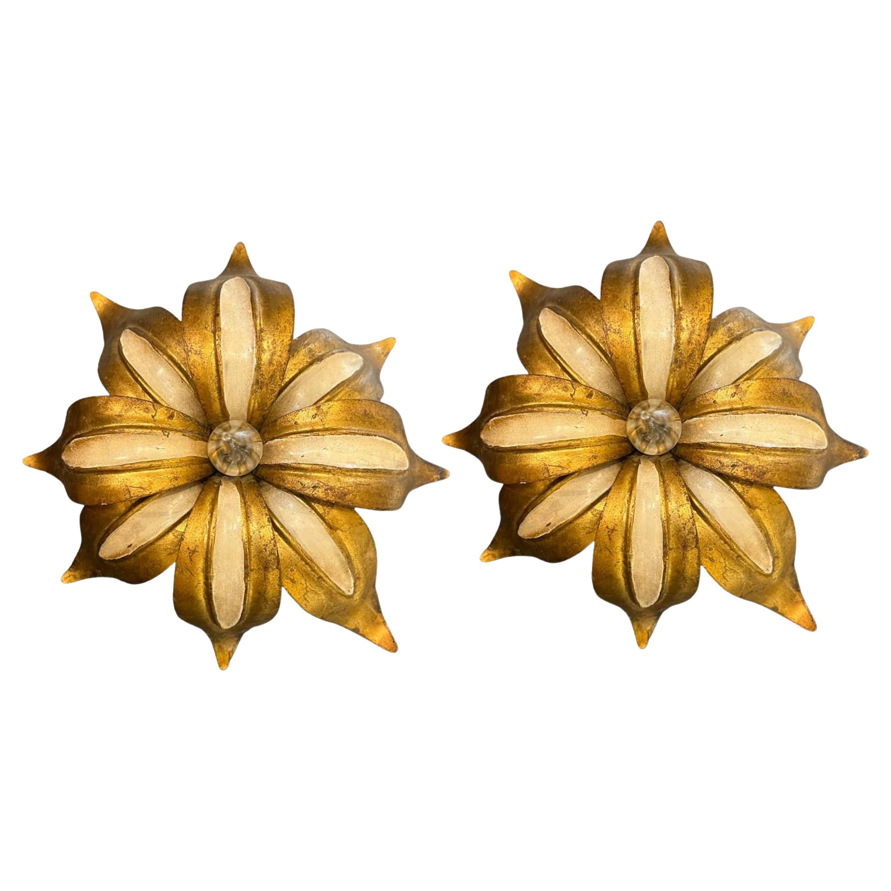 1930's Gold and White Italian Flower Sconces For Sale