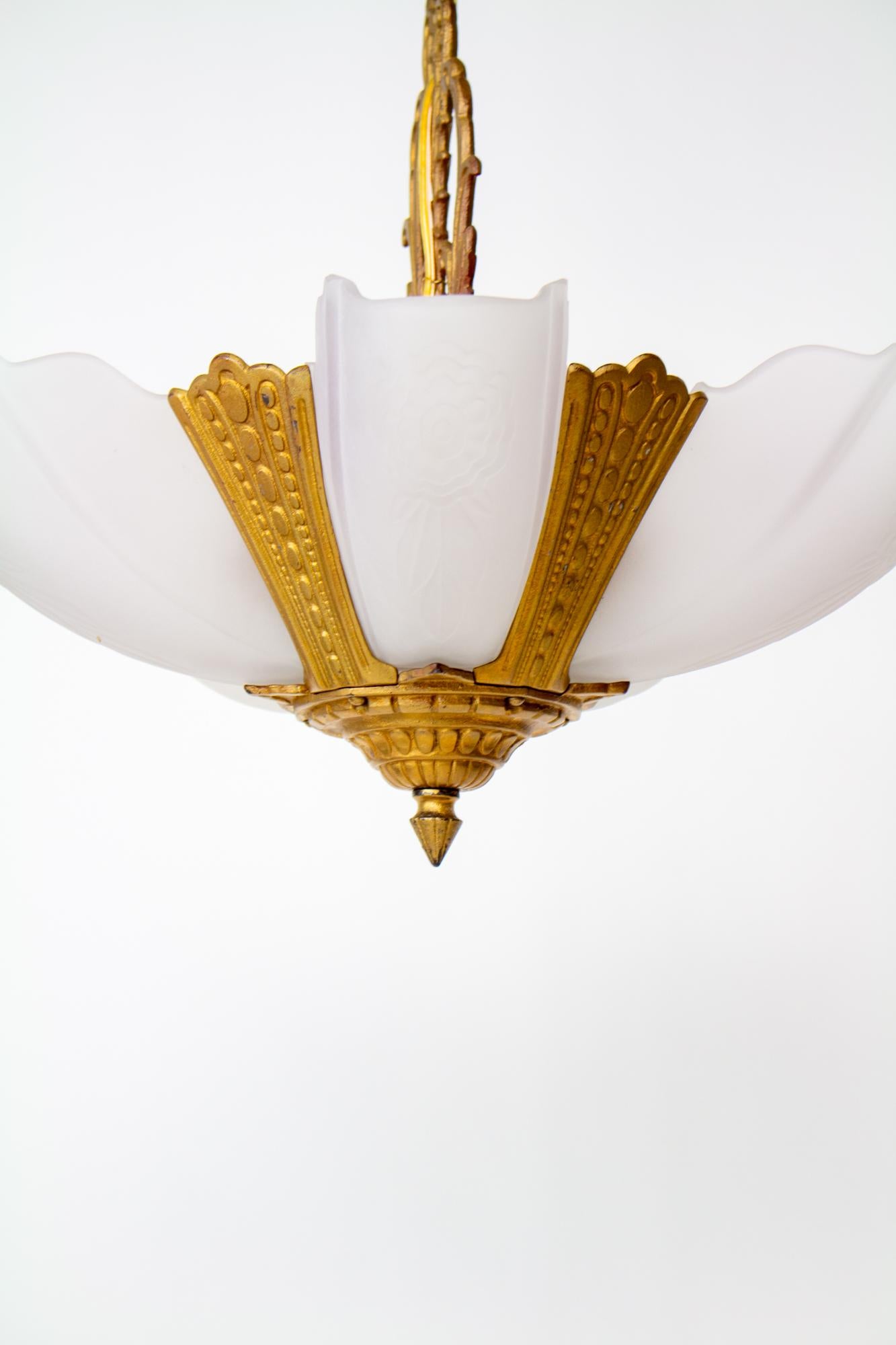 American 1930's Gold Art Deco Slip Shade Chandelier For Sale