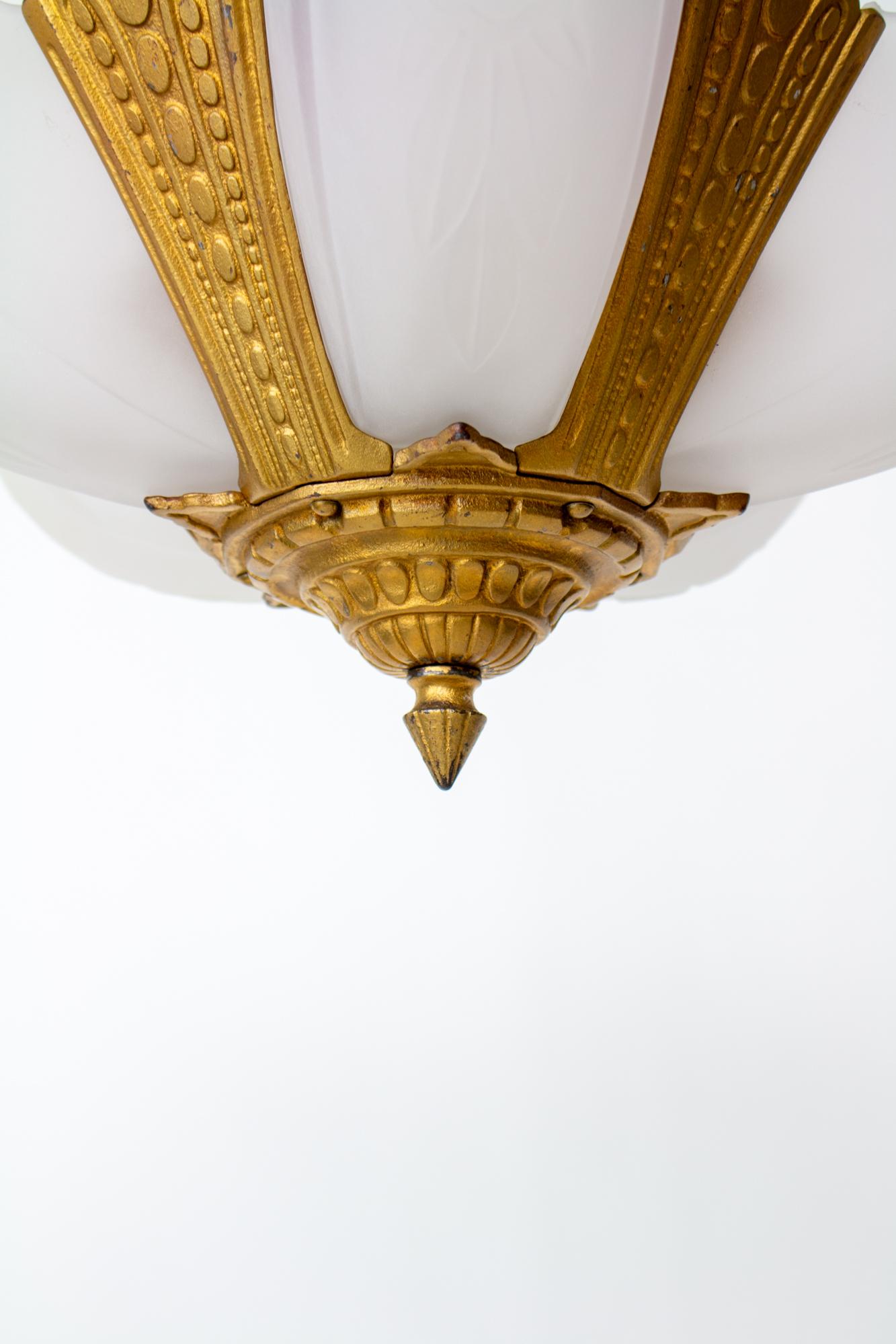 Glass 1930's Gold Art Deco Slip Shade Chandelier For Sale