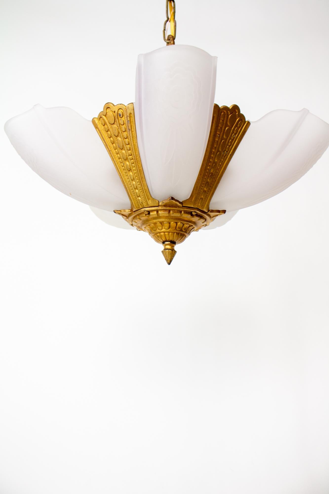 1930's Gold Art Deco Slip Shade Chandelier For Sale 1