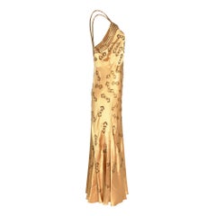 1930s Gold Beaded Liquid Satin Evening Gown