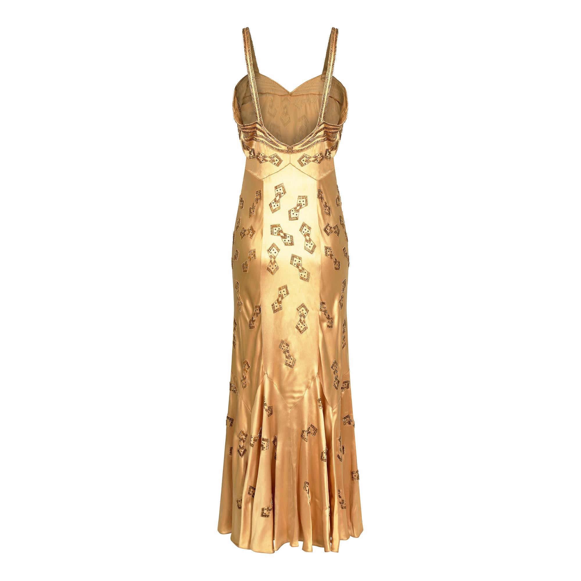 1930s Gold Beaded Liquid Satin Evening Gown In Excellent Condition In London, GB