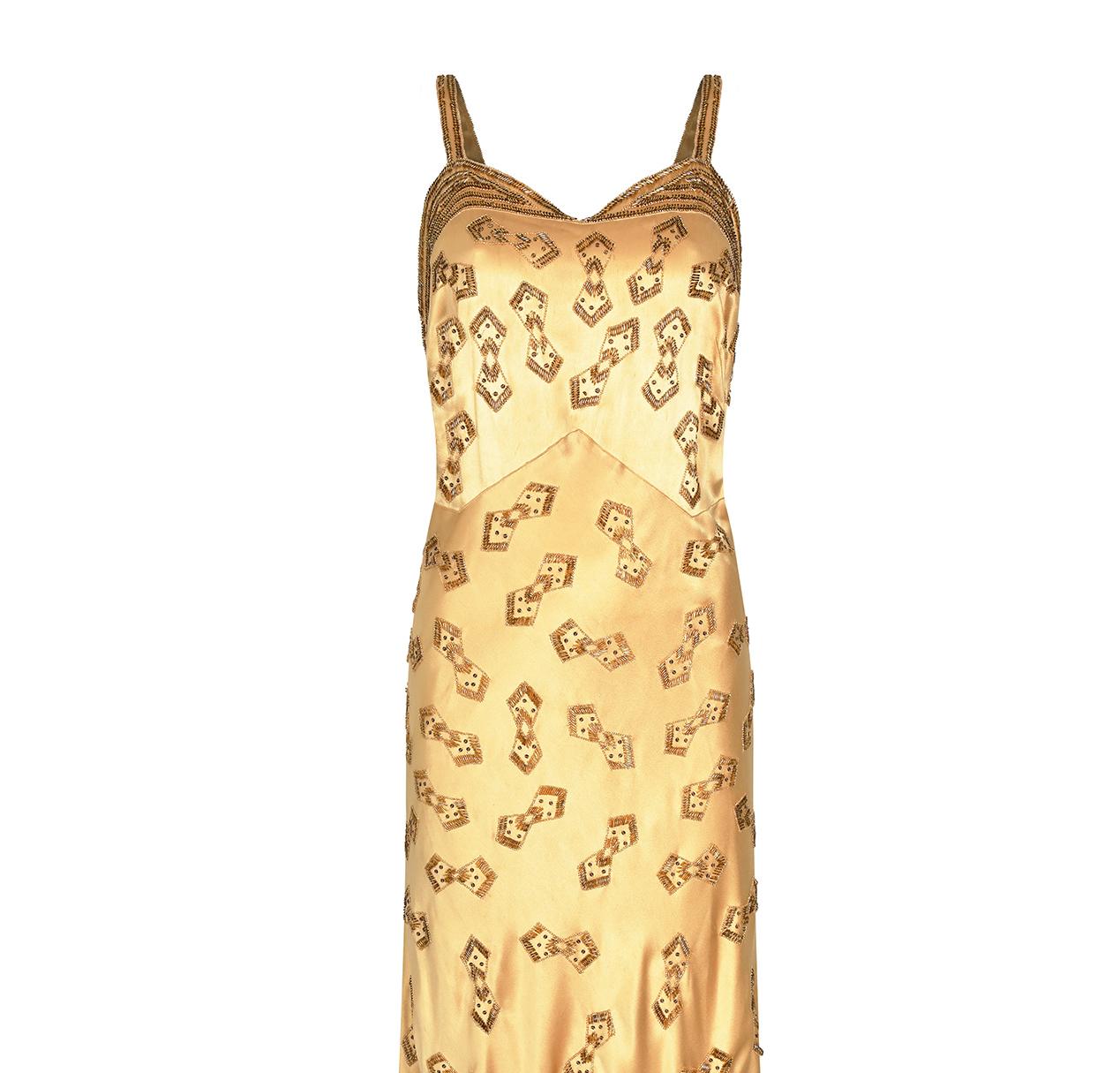 1930s Gold Beaded Liquid Satin Evening Gown 1