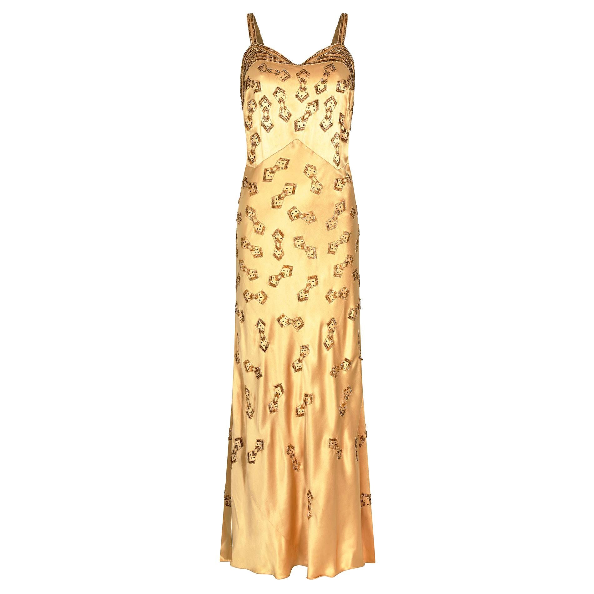 1930s Gold Beaded Liquid Satin Evening Gown