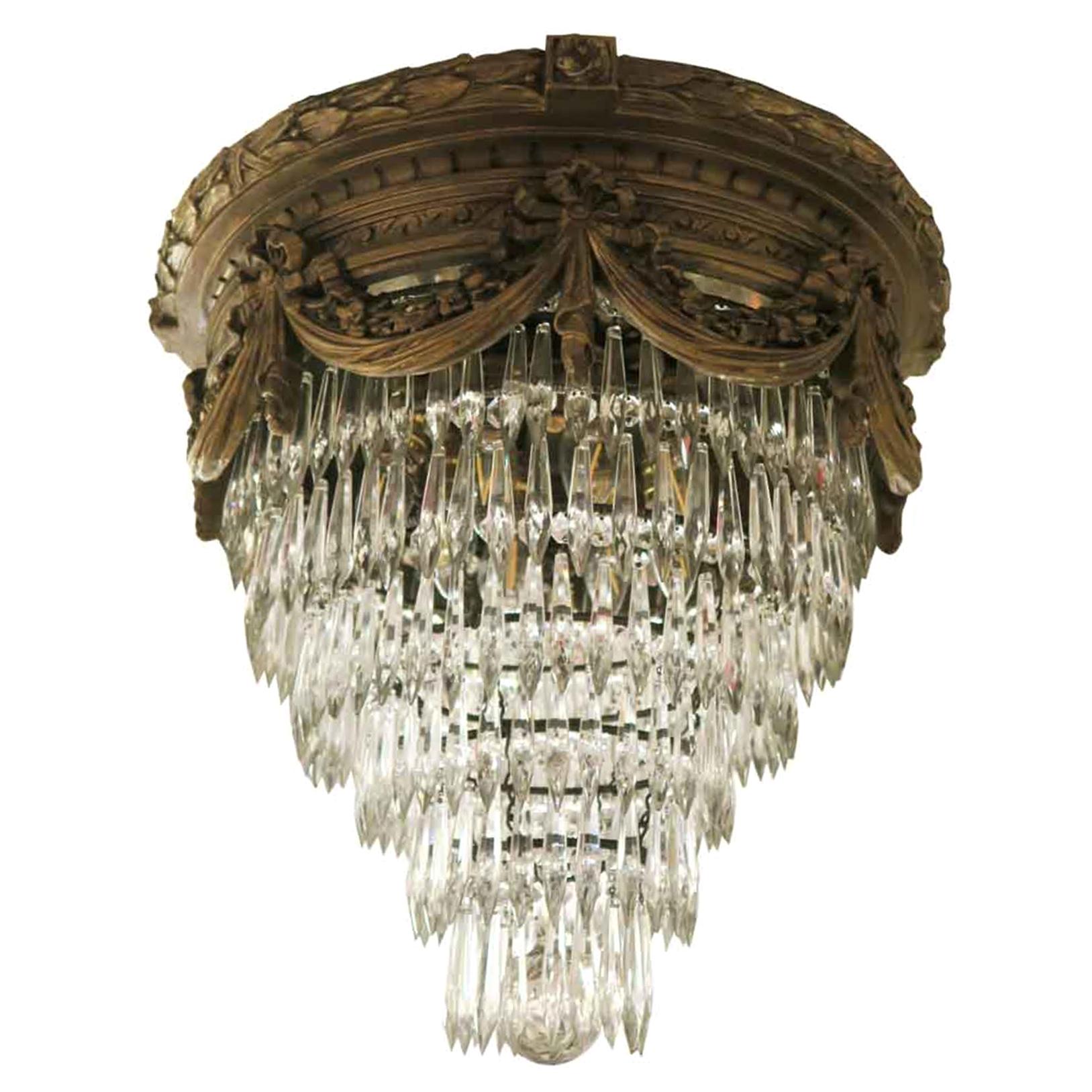 1930s Gold Finish Gesso and Crystal Wedding Cake Flush Mount Light