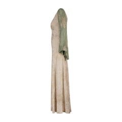 1930s Gold Floral Lame Dress with Green Lame Fluted Sleeves