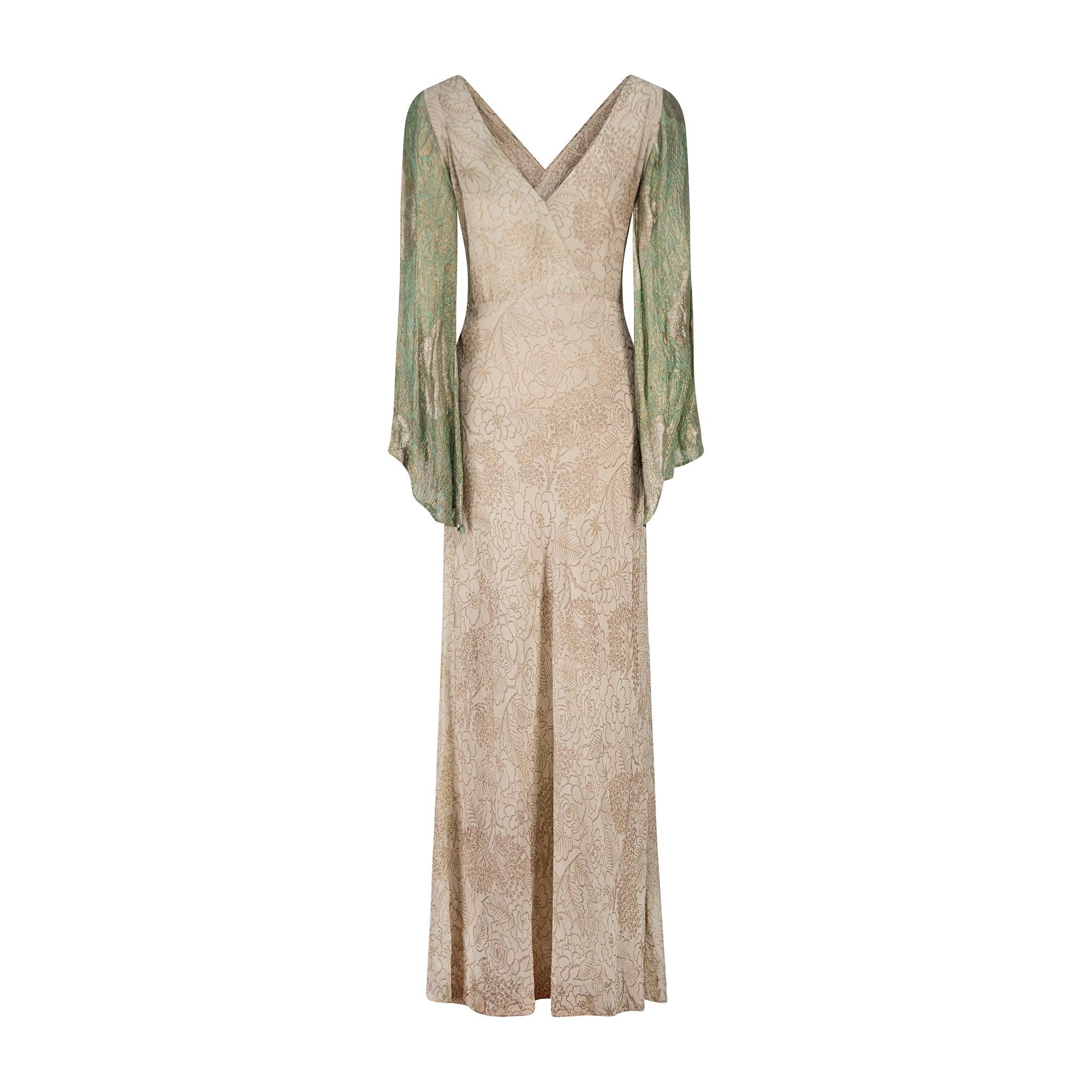 Brown 1930s Gold Floral Lame Dress with Green Lame Fluted Sleeves For Sale