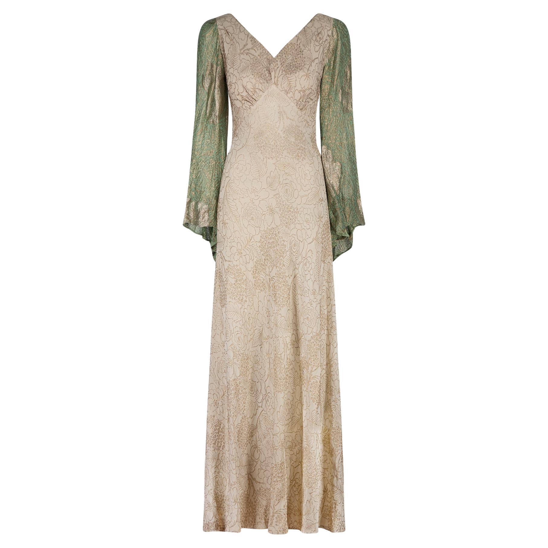 1930s Gold Floral Lame Dress with Green Lame Fluted Sleeves