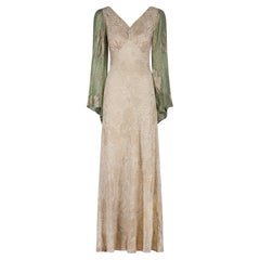 1930s Gold Floral Lame Dress with Green Lame Fluted Sleeves