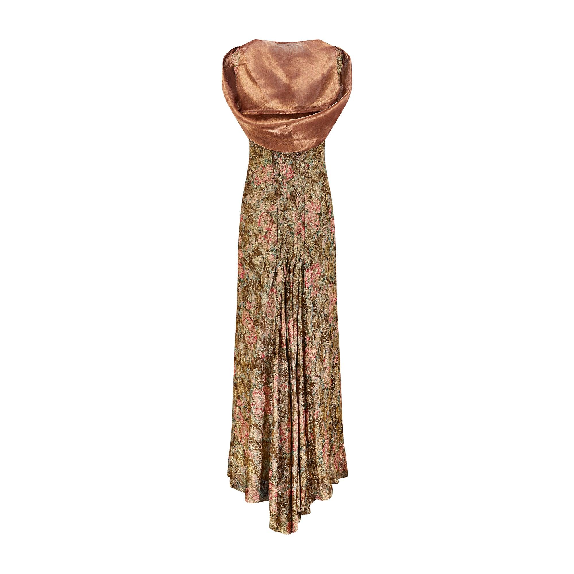 Brown 1930s Gold Floral Lame Dress with Organza Capelet For Sale