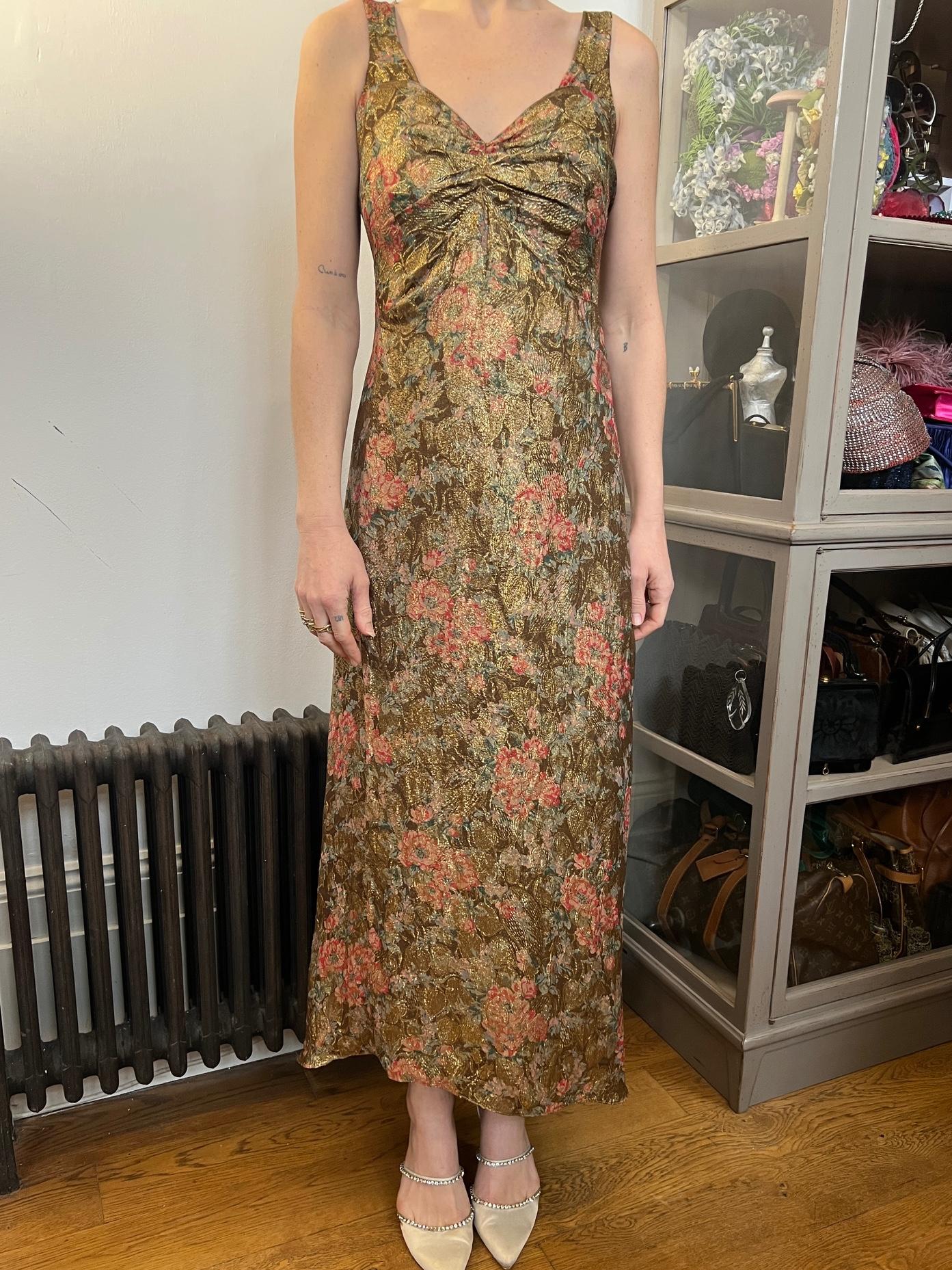 Women's 1930s Gold Floral Lame Dress with Organza Capelet For Sale