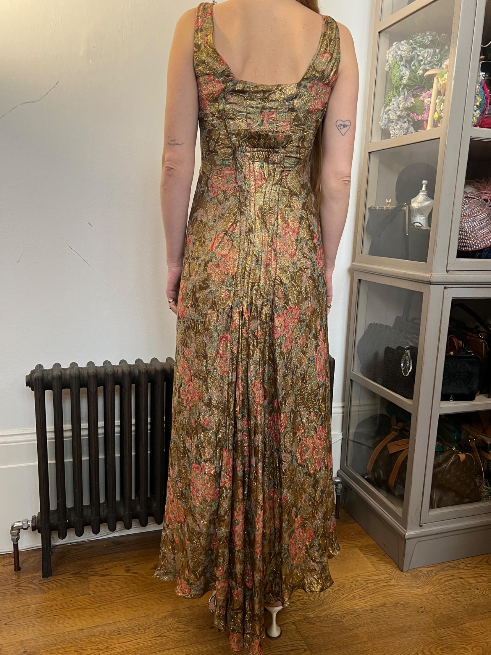 1930s Gold Floral Lame Dress with Organza Capelet For Sale 1