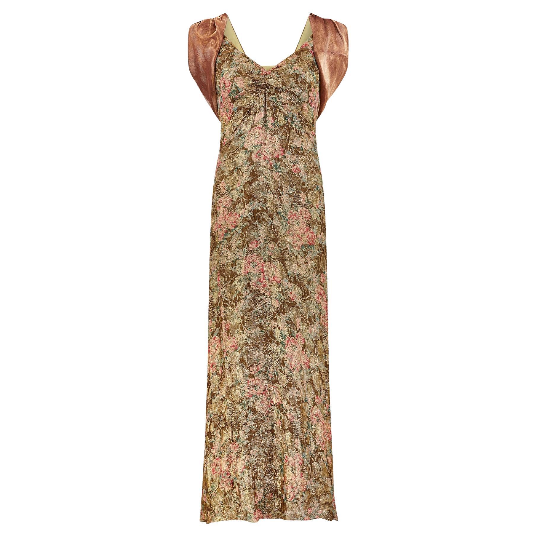 1930s Gold Floral Lame Dress with Organza Capelet For Sale