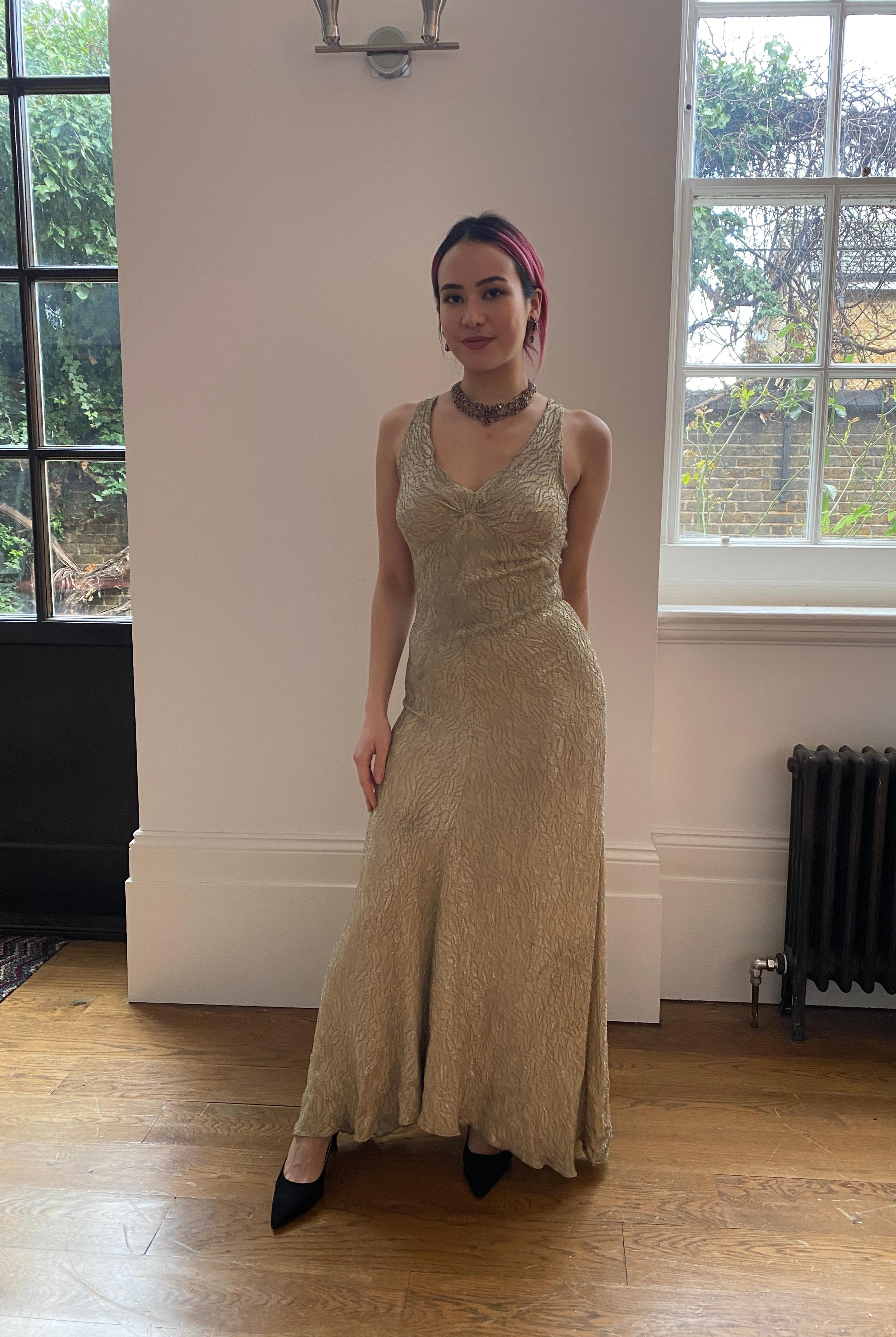 Brown 1930s Gold Lame Bias Cut Gown