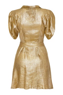 1930s Gold Lame Dress with Cape Sleeves and Matching Belt