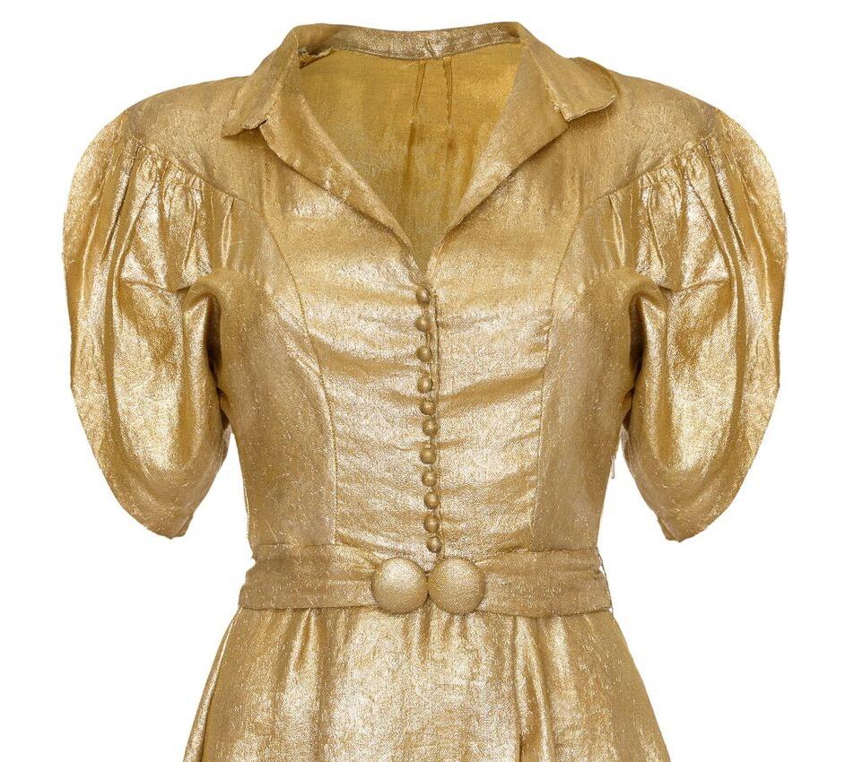 Brown 1930s Gold Lame Dress with Cape Sleeves and Matching Belt For Sale