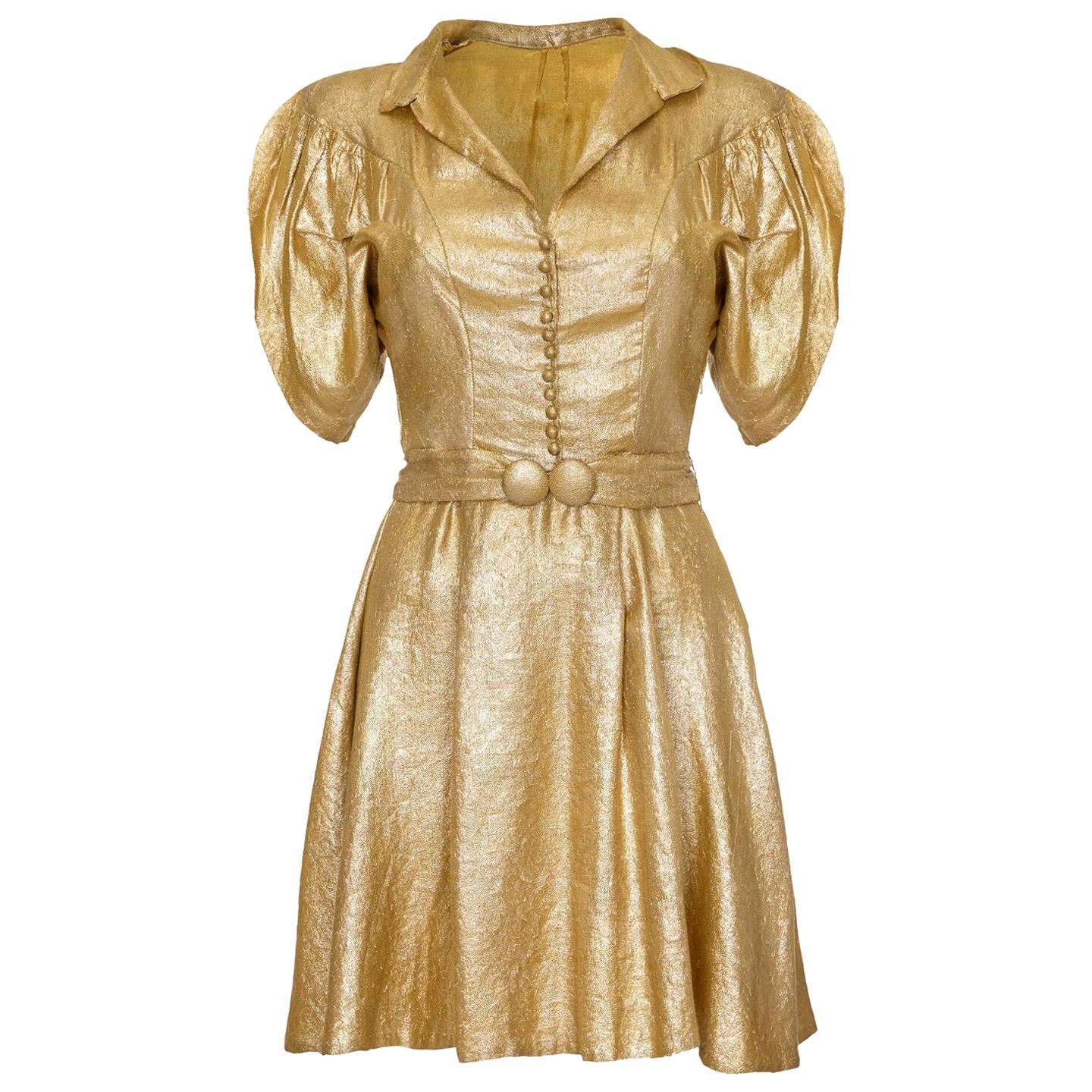 1930s Gold Lame Dress with Cape Sleeves and Matching Belt For Sale