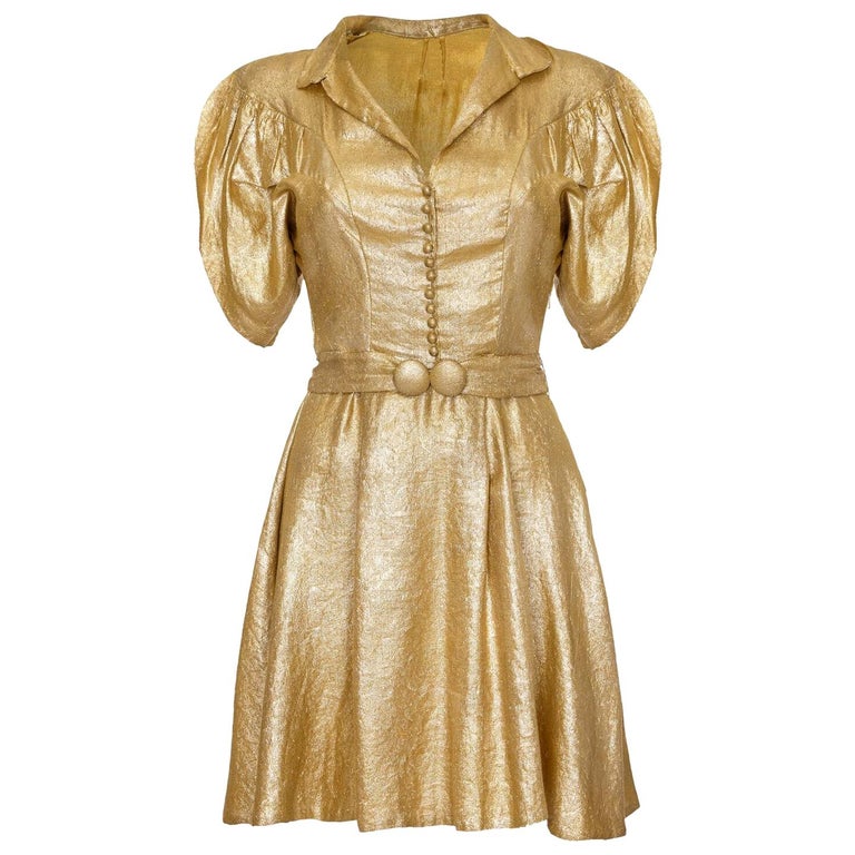 1930s Gold Lame Dress with Cape Sleeves and Matching Belt For Sale at  1stDibs