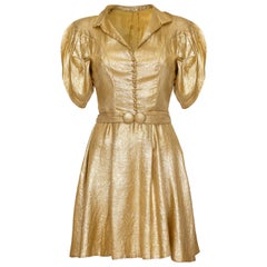 1930s Gold Lame Dress with Cape Sleeves and Matching Belt