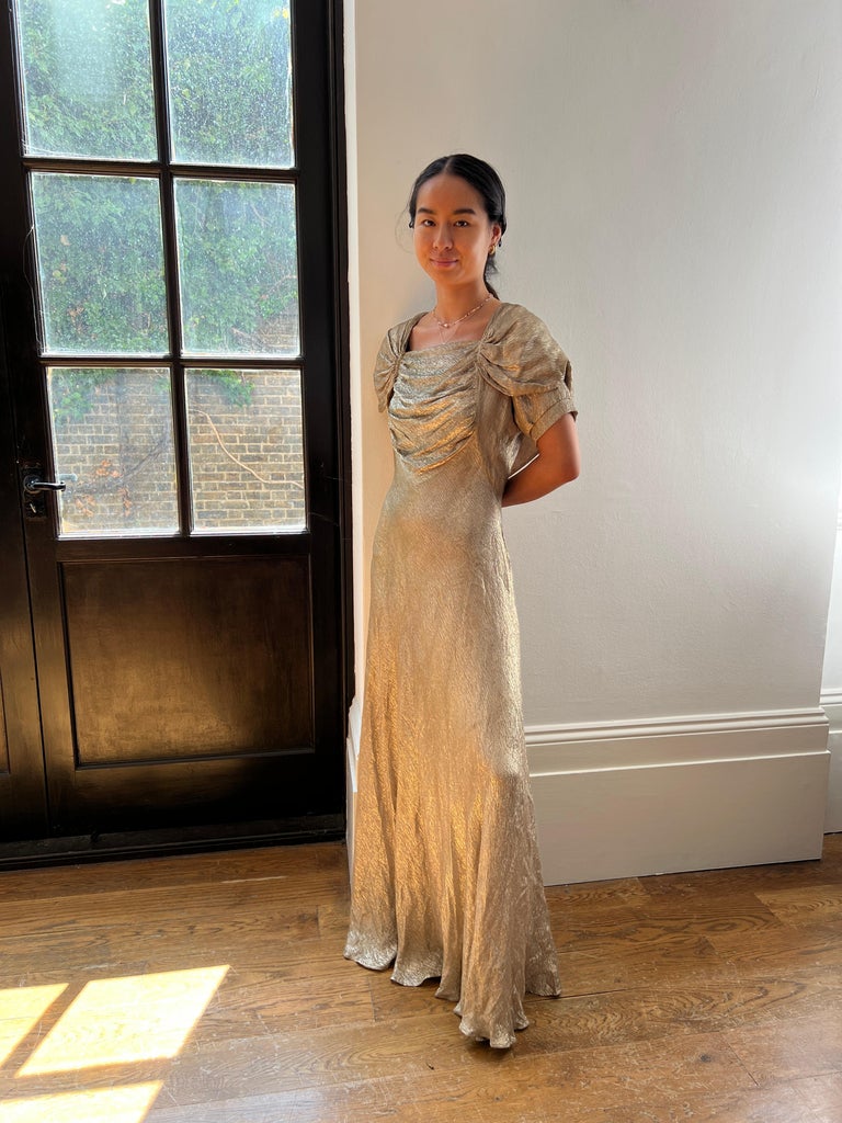 slim fit dress slacks Vintage 60s Pauline Trigére Metallic Gold Lamé Cocktail Dress & Coat Set, B34 main image 0