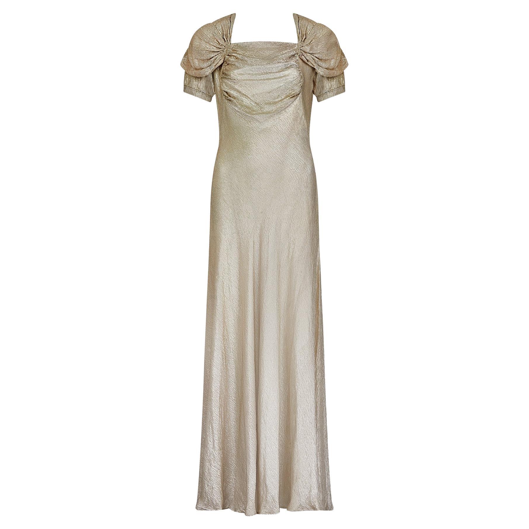 1930s Gold Lame Dress with Ruched Bodice and Sleeve Detail For Sale
