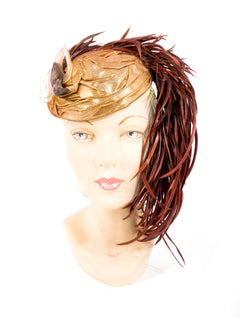 1930s Gold Lamé Sculpted Perch Hat with Bird/Feather Accent
