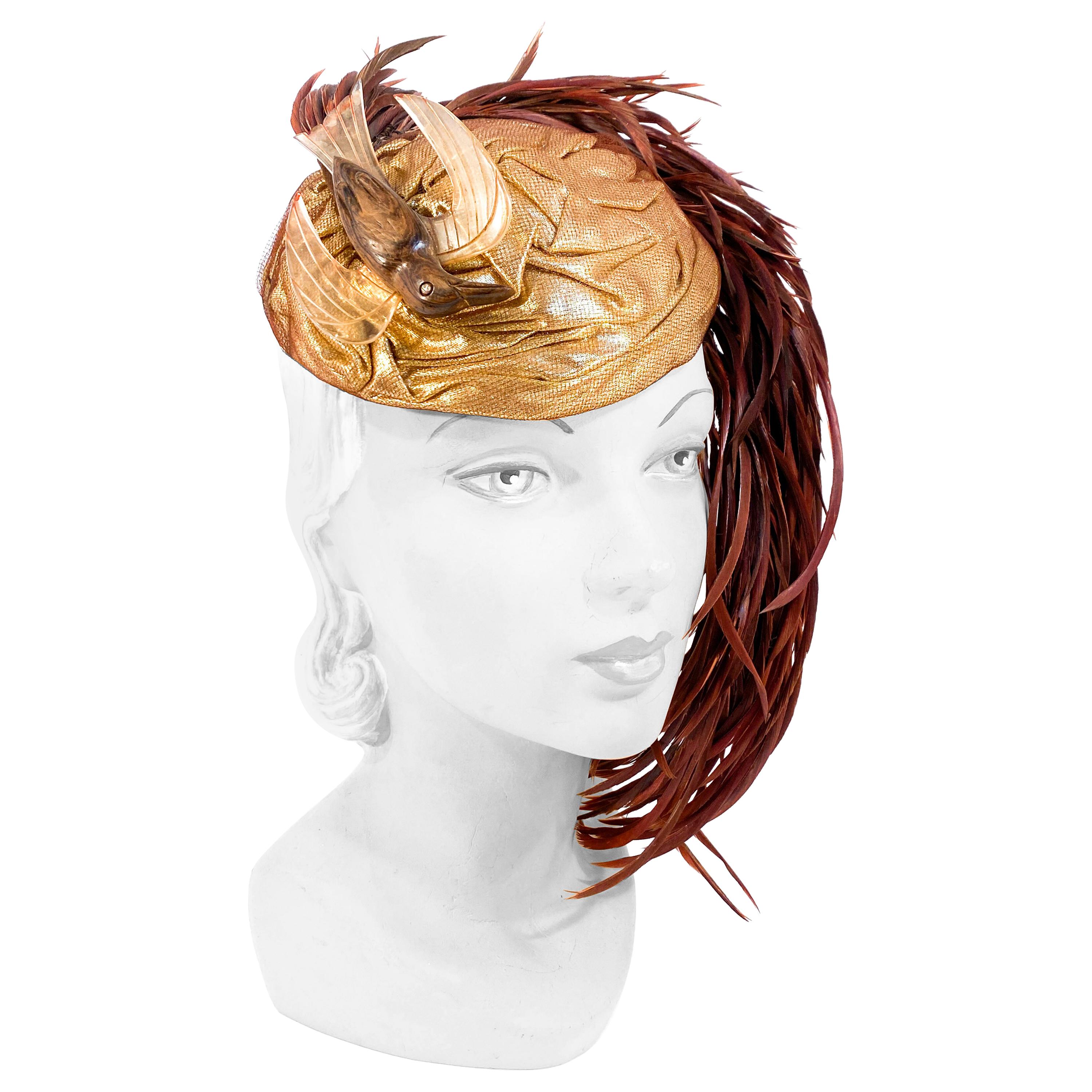 1930s Gold Lamé Sculpted Perch Hat with Bird/Feather Accent