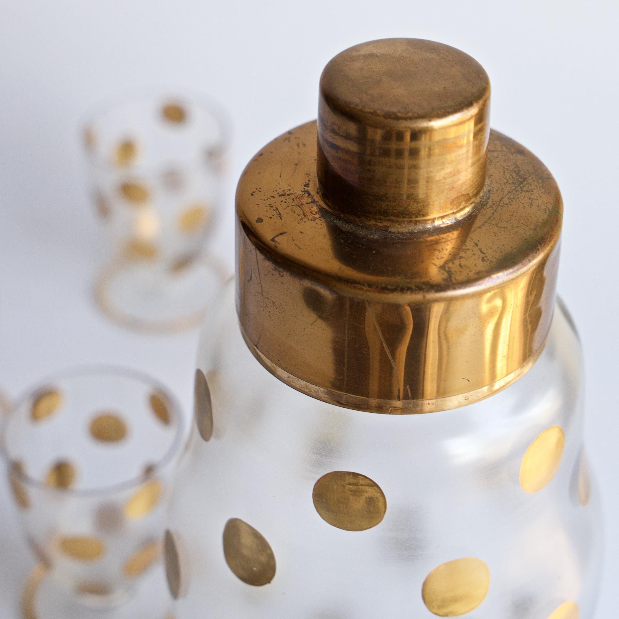 1930s Gold PolkaDot Shaker Set Czech Bohemian Glass Brass Barware Mixologist For Sale 4