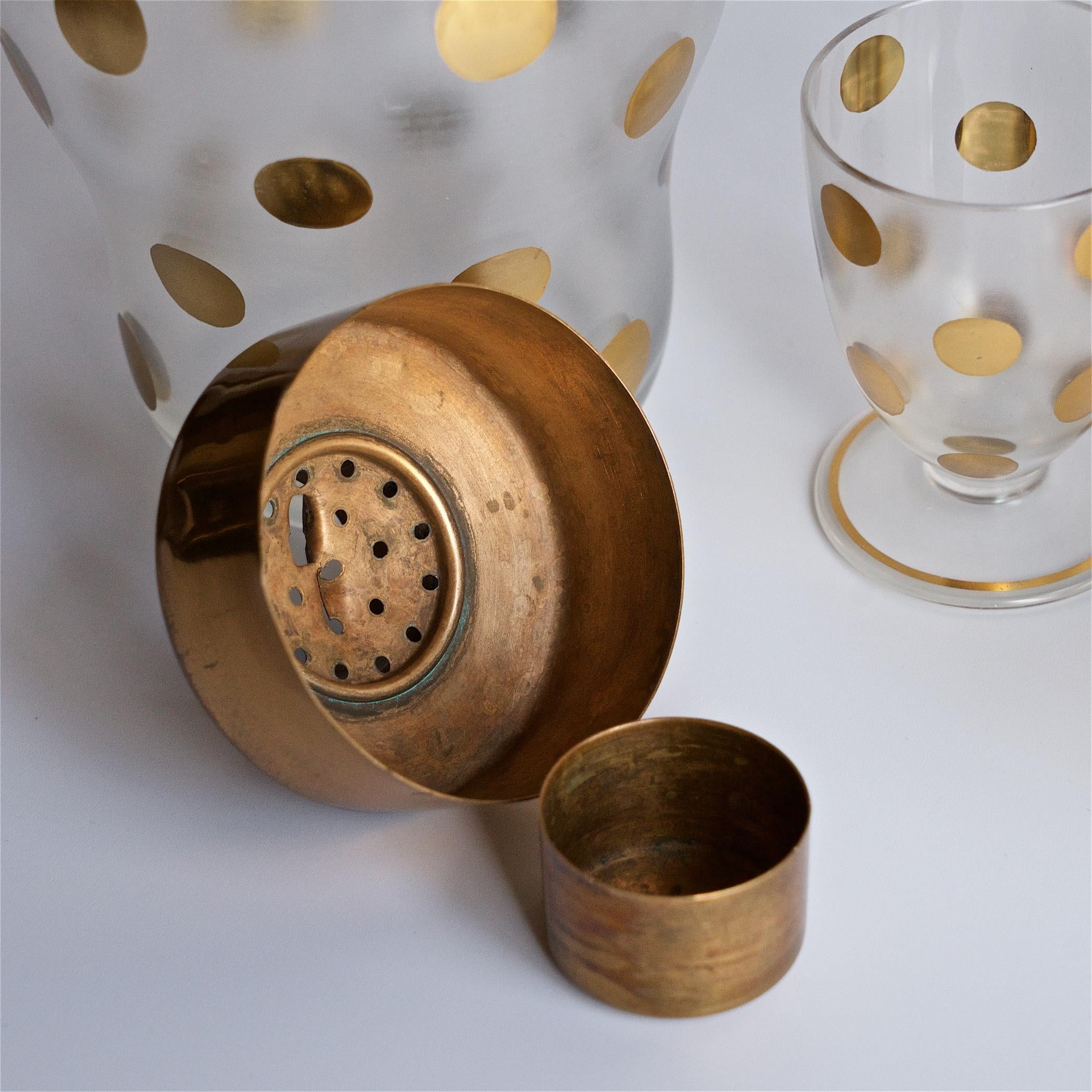 1930s Gold PolkaDot Shaker Set Czech Bohemian Glass Brass Barware Mixologist For Sale 5