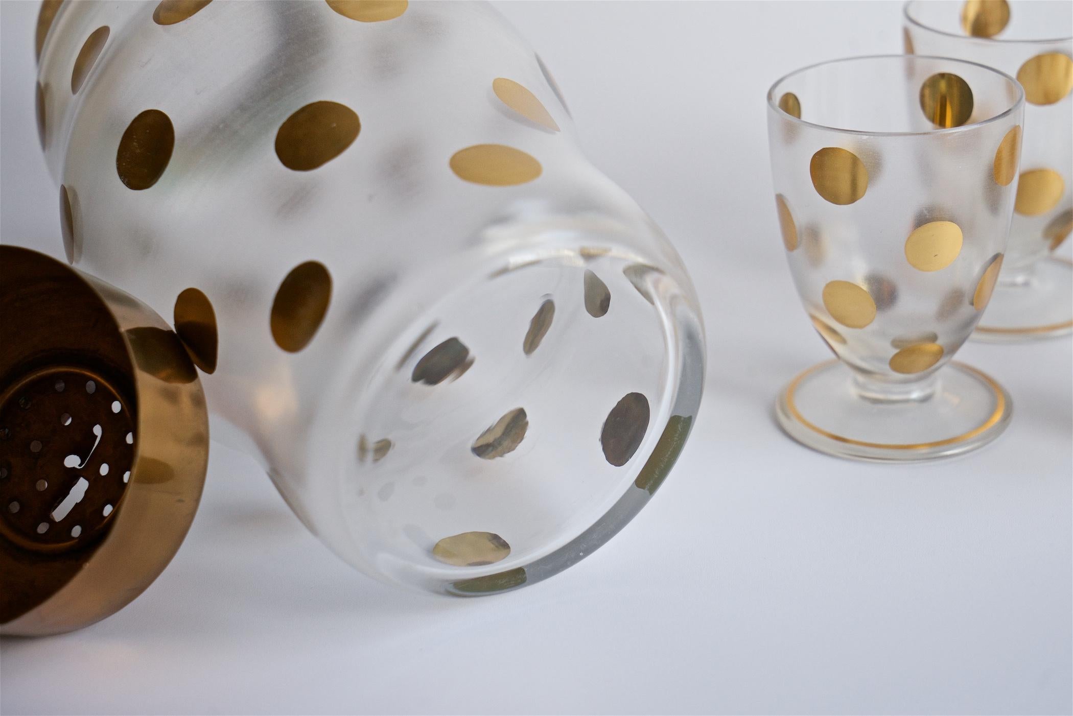 1930s Gold PolkaDot Shaker Set Czech Bohemian Glass Brass Barware Mixologist For Sale 6