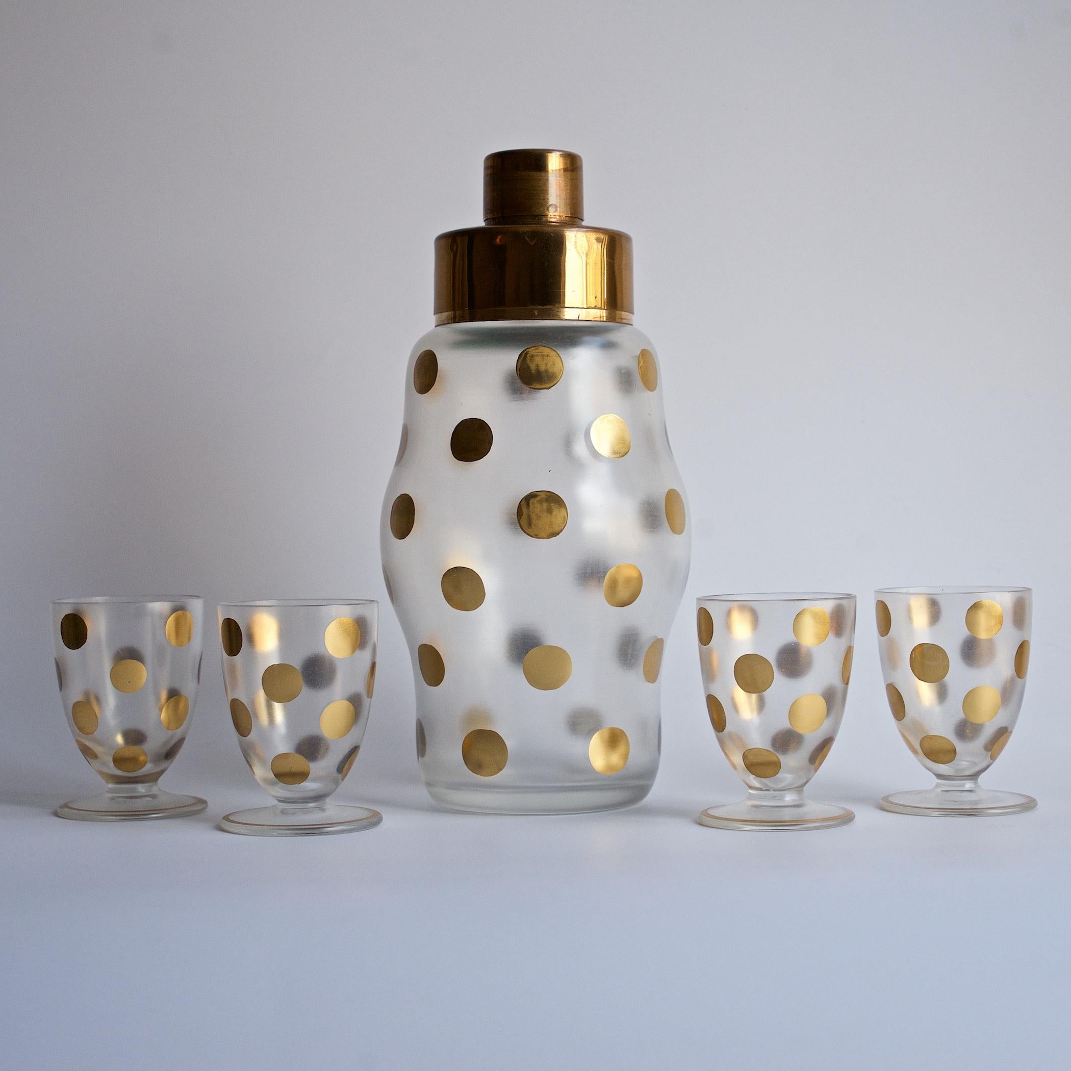 An early 20th century Luxurious Art Deco Era design. Wonderful translucent acid etched satin exterior with painted gold polkadots. Contents Included; a mixer, with 2-piece lid, and 4 matching footed demitasse glass. No chips, No cracks. Some