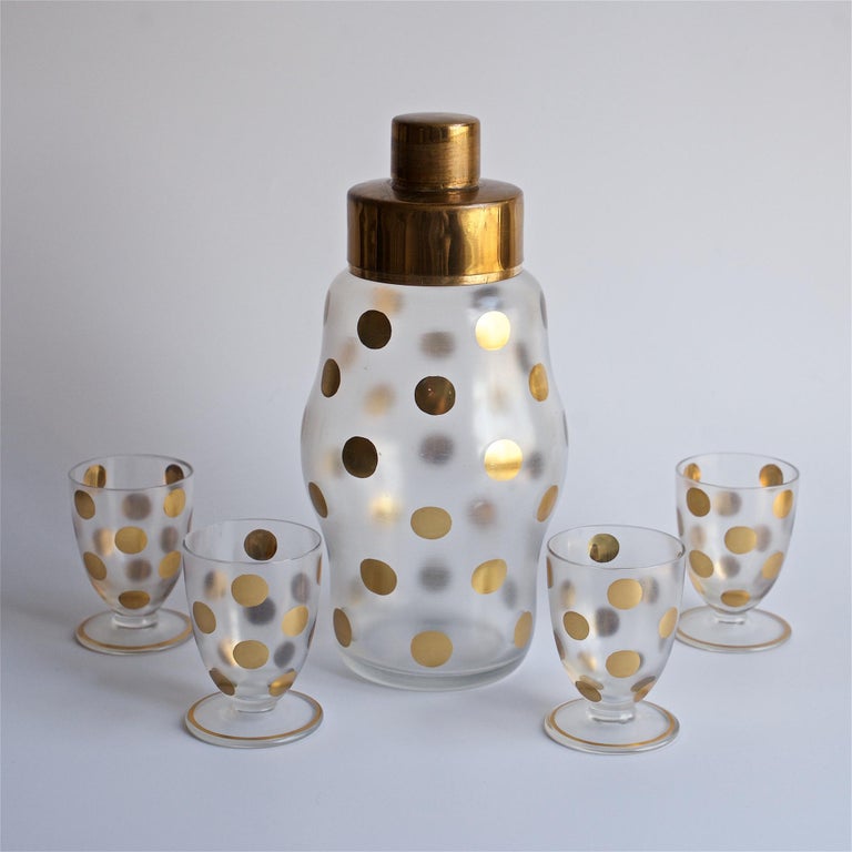 1930s Gold PolkaDot Shaker Set Czech Bohemian Glass Brass Barware
